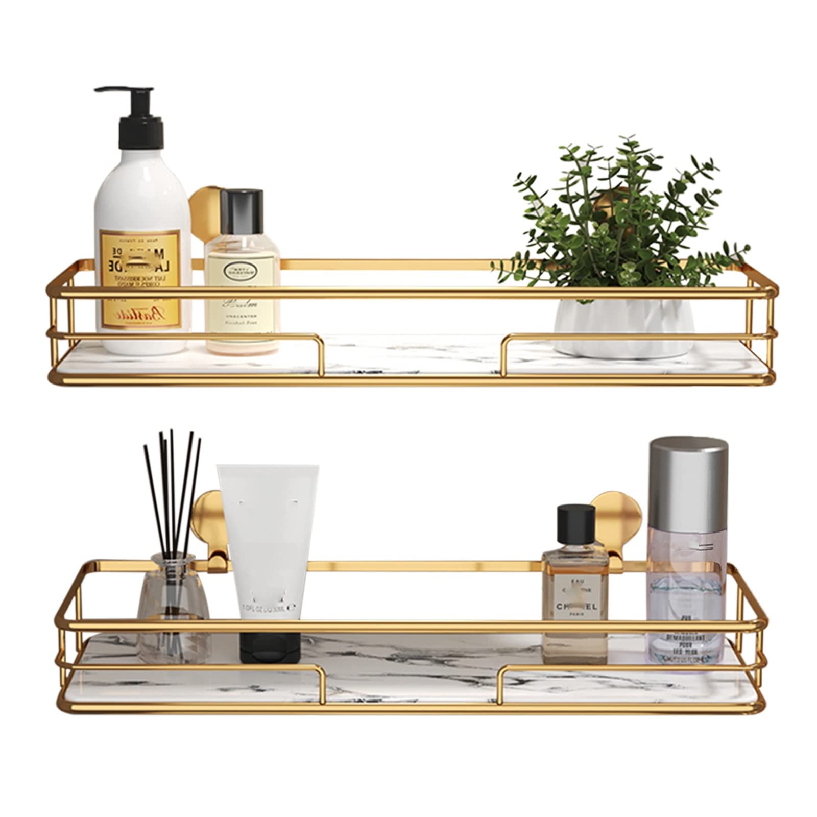 Stainless Steel Shower Organizer - 2-Tier Adhesive Shampoo Holder for Bathroom, No Drilling Wall Mounted Bath Shelf with Large Capacity (Golden) | Perfect for Shower, Bathtub & Toilet Storage