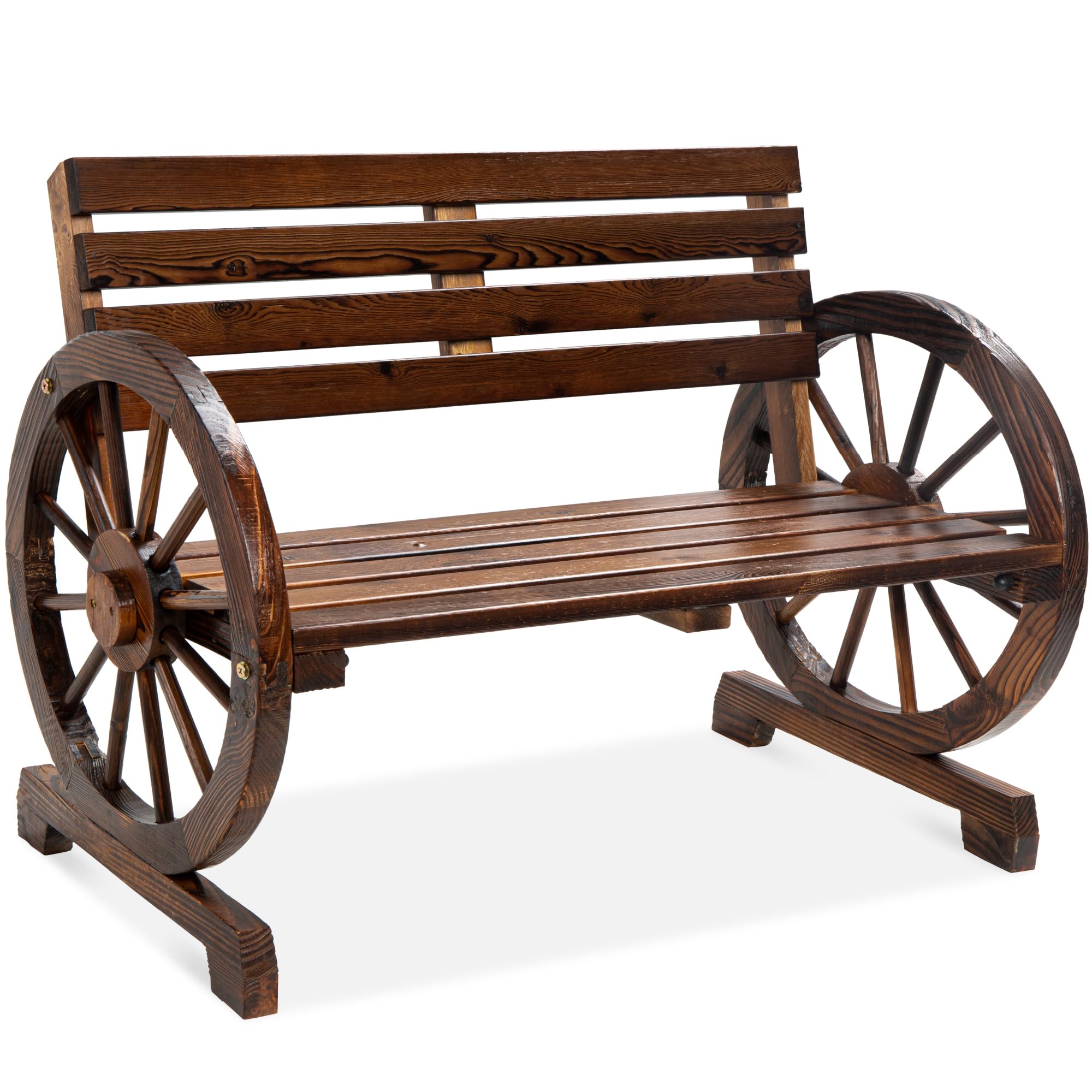 Best Choice Products 2-Person Wooden Wagon Wheel Bench - Rustic Country Outdoor Furniture for Backyard, Patio, Garden w/Slatted Seat & Backrest - Perfect for Porch Lounging, Campfire Seating & Countryside Decor (Brown)