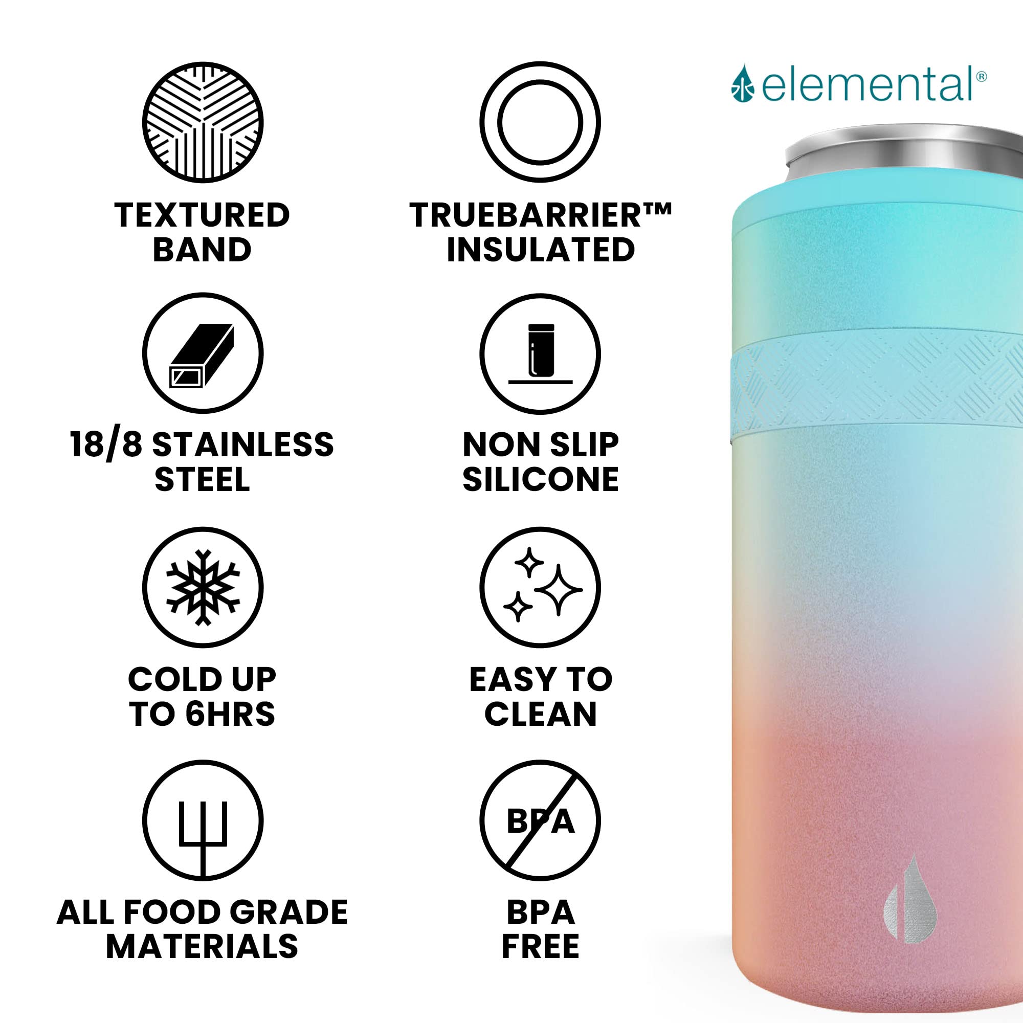Elemental Insulated Slim Can Cooler - Triple Wall Stainless Steel Skinny Can Holder for 12oz Beverages (Beer, Soda, Seltzer) - Cotton Candy Dream - Perfect for Picnics, BBQs & Outdoor Parties