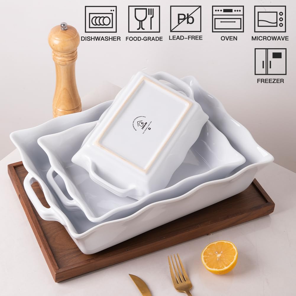 Sweejar 3-Piece Ceramic Casserole Dish Set - Rectangular Baking Pan with Handles & Wave Edge, Oven Safe Lasagna Pan for Cooking, Baking Cakes, Family Dinners, Banquets & Daily Kitchen Use (White) - Perfect for Holiday Meals, Potlucks & Entertaining Guests