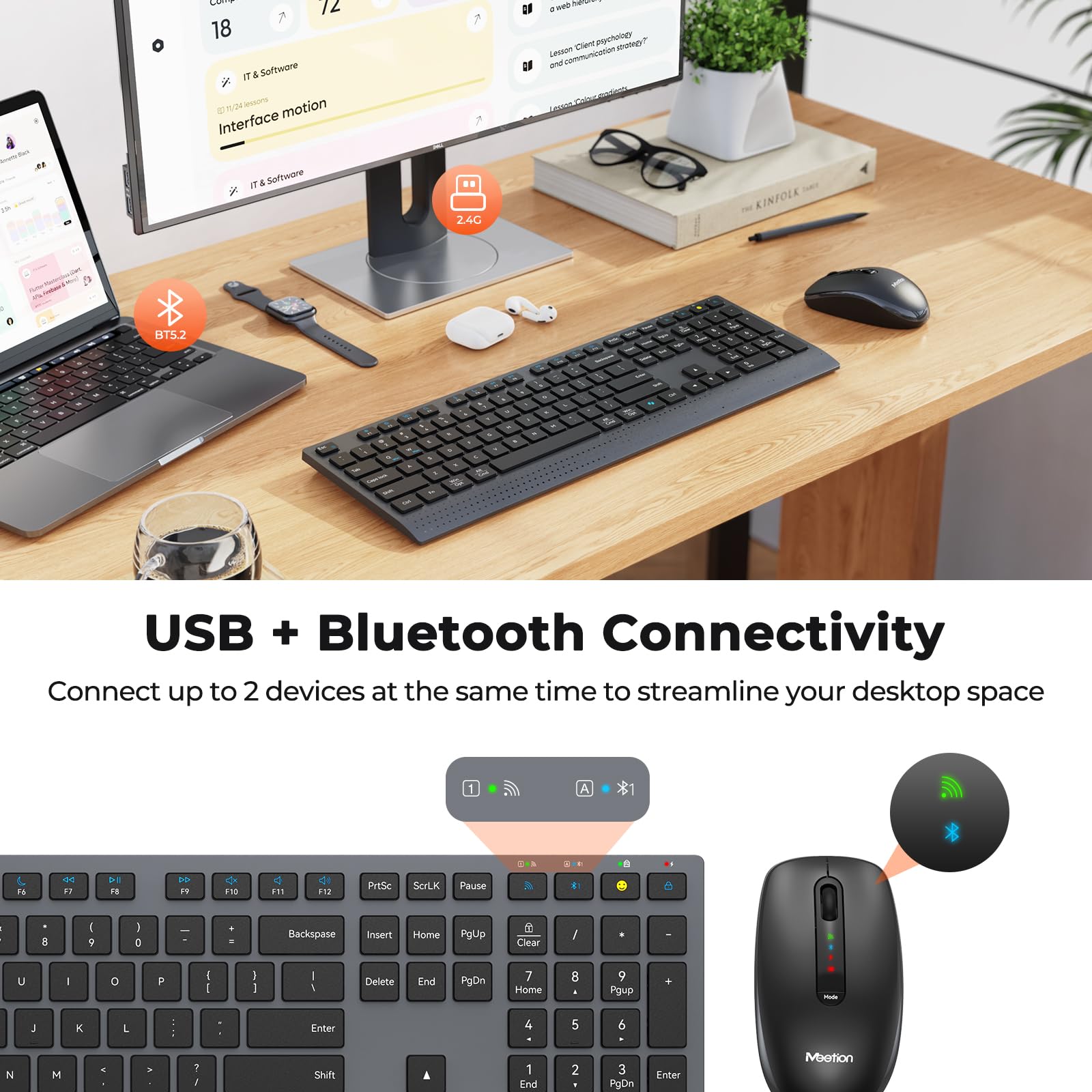 MEETION Bluetooth Keyboard and Mouse Combo - Slim Rechargeable Wireless Keyboard with 3800 DPI Optical Mouse for Laptop, Desktop, iPad, Phone - Compatible with Windows/Mac (Black) - Perfect for Home Office, Gaming, and Remote Work