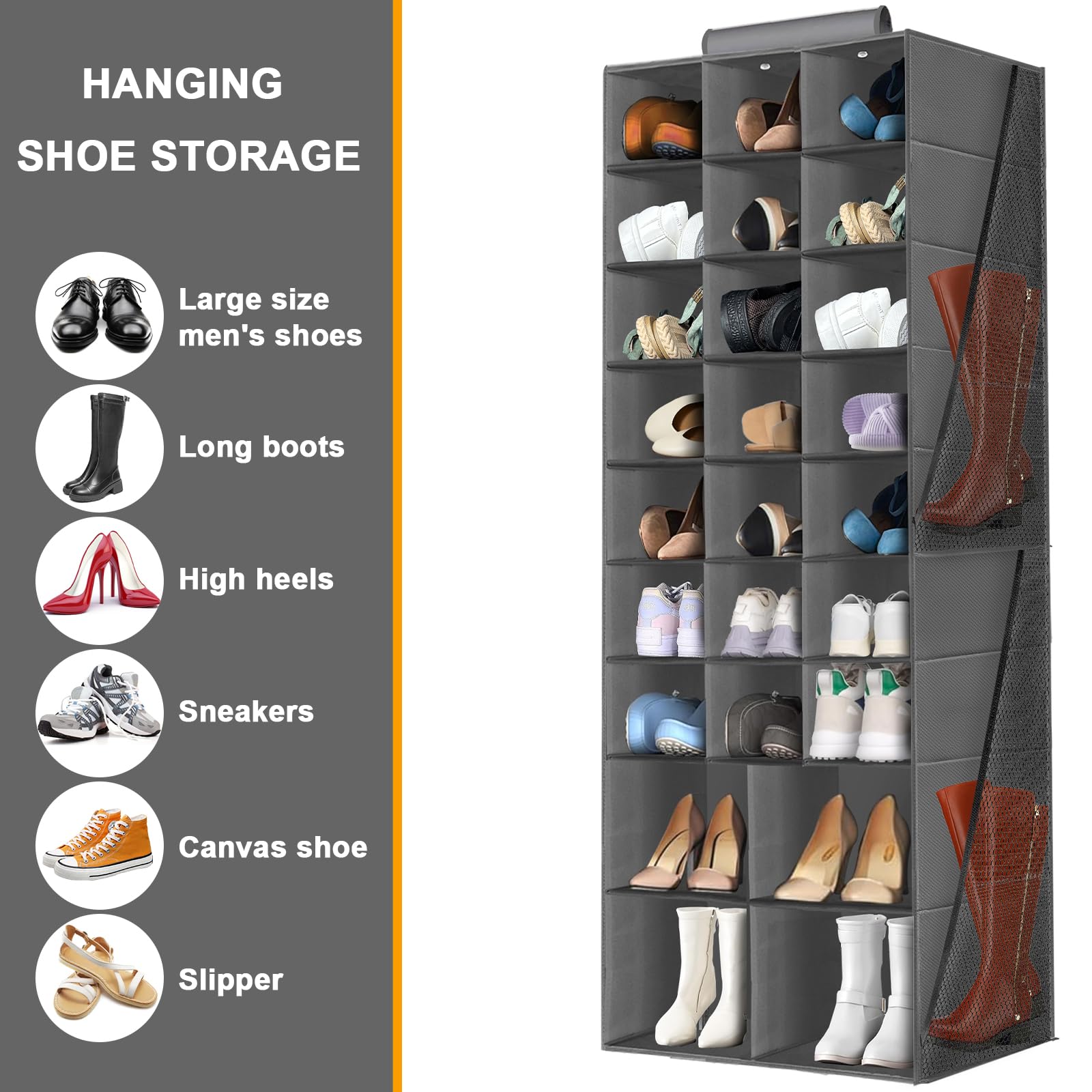 Space-Saving Hanging Shoe Organizer for Closet - 25-Pocket Collapsible Shoe Storage Rack with 4 Large Side Pockets | Perfect for Organizing Shoes, Hats, Clothes & Accessories | Ideal for Small Closets, Dorm Rooms & Apartment Storage (Gray)