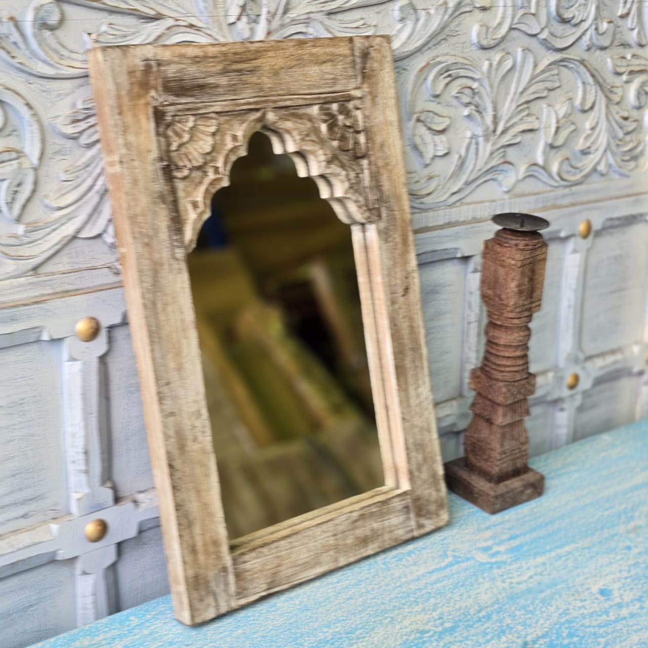 Handmade Floral Carved Solid Wood Indian Furniture Mirror Frame - Rustic Natural Wooden Wall Mirror for Bedroom, Living Room & Home Decor