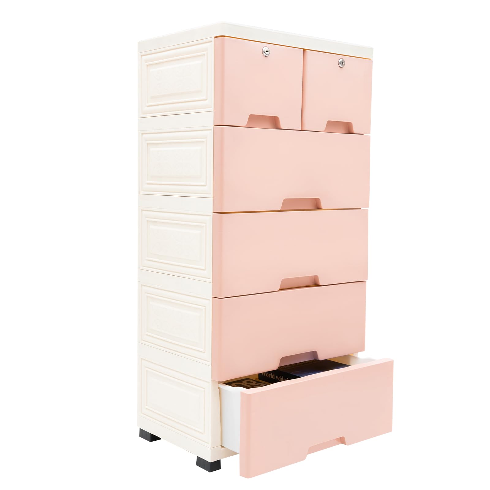 5-Layer Plastic Storage Drawers with 6 Drawers | Pink Closet Organizer with Wheels | Bedroom Dresser for Clothes & Accessories | Large Capacity Rolling Cabinet for Home, Office, Dorm Organization