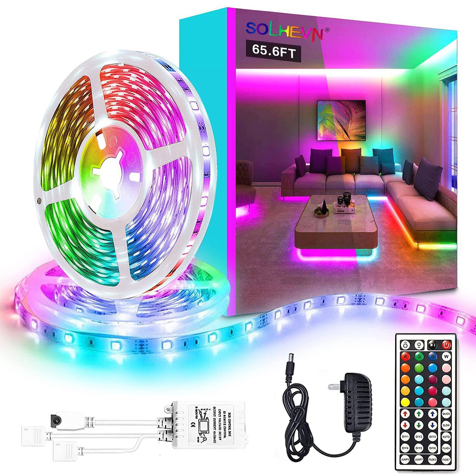65.6Ft Color Changing LED Strip Lights for Bedroom - Flexible RGB Multicolor Lighting with 44-Key Remote & Power Adapter | Perfect for Home Decor, Gaming Setup, and Party Atmosphere