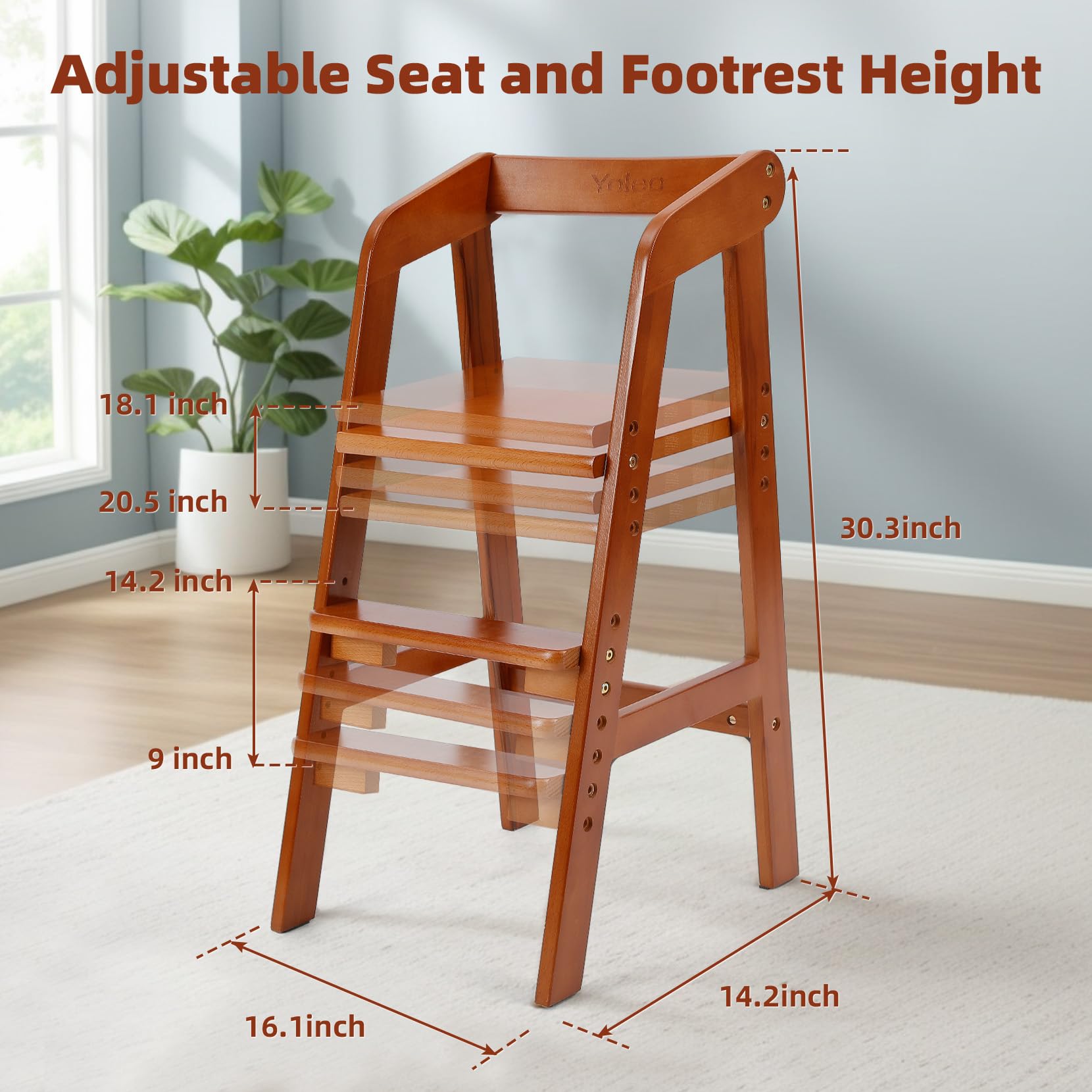 Adjustable Wooden High Chair for Toddlers - Convertible Dining & Feeding Chair with Removable Cushion - Grow with Your Child for Mealtime, Study & Play - Nut Brown Baby Step Stool Included - Perfect for Home, Restaurant & Daycare Use