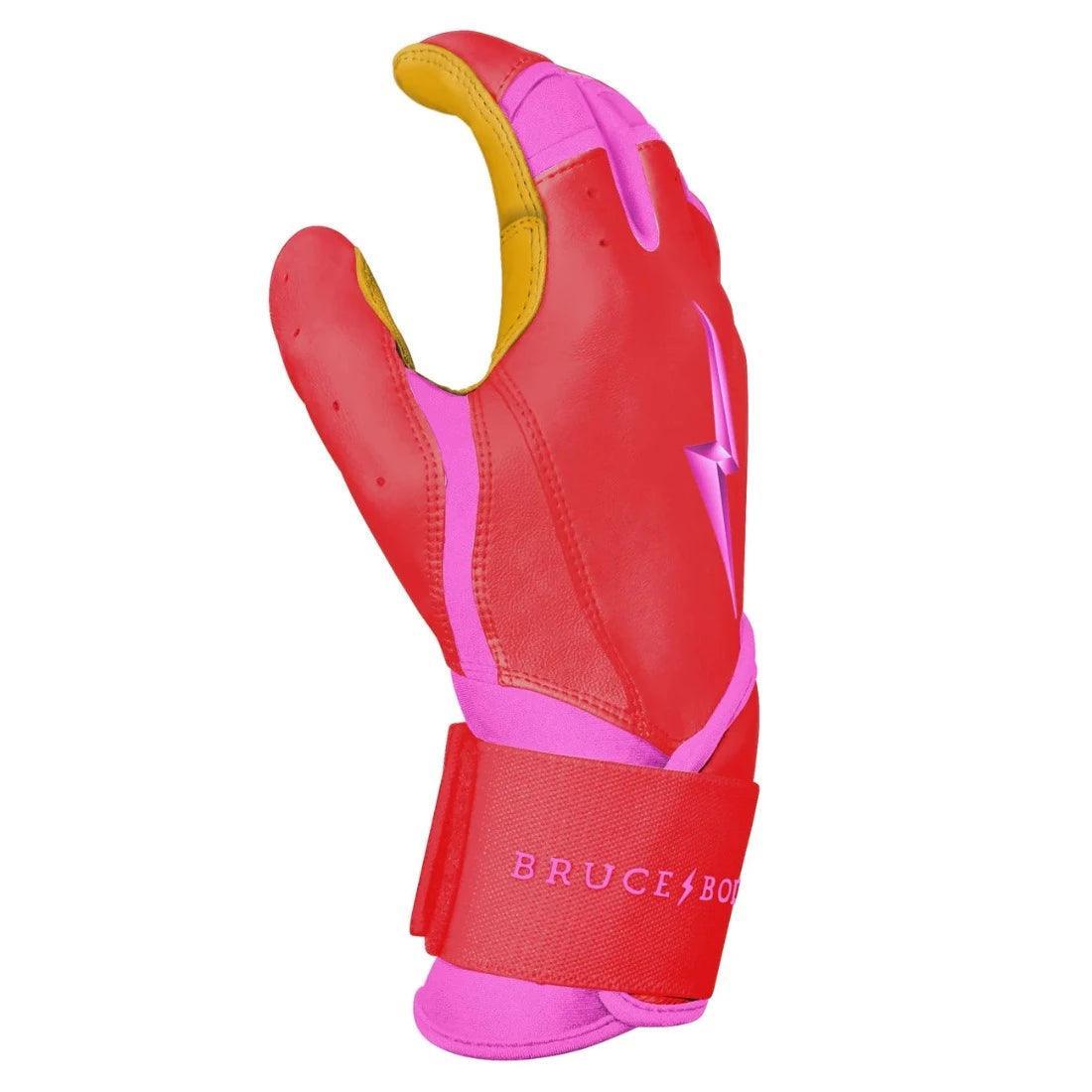 Bruce Bolt PREMIUM PRO BADER Series Long Cuff Batting Gloves for Baseball & Softball - Pink | Durable Grip & Wrist Support for Hitting Practice & Games
