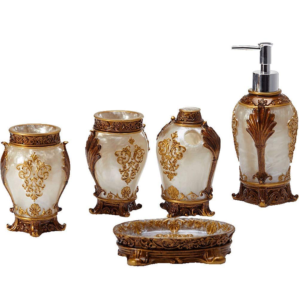AWJ 5-Piece Modern Bathroom Accessory Set - 3D Flower Resin Soap Dispenser, Toothbrush Holder, Tumbler & Soap Dish - Double Layer Plating Nozzle - Elegant Decor for Home, Apartment, Hotel Bathroom