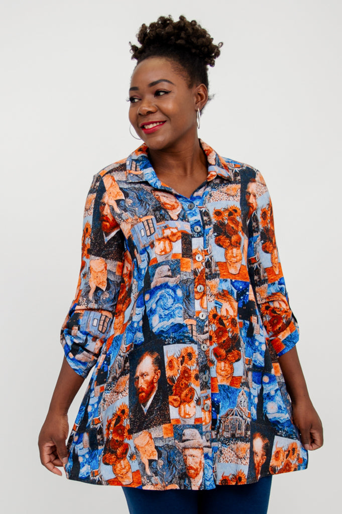 Celine Blouse - Van Gogh Inspired Linen Bamboo Shirt for Women | Elegant Summer Top for Casual Outings & Office Wear