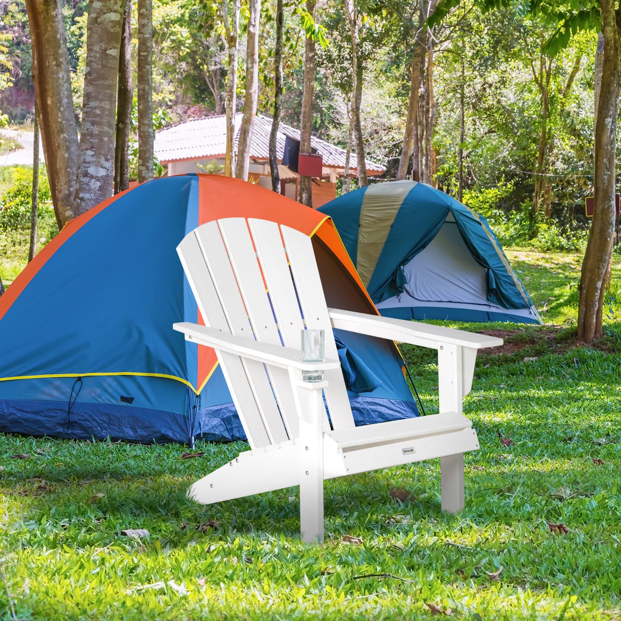 Outsunny White HDPE Adirondack Chair with Cup Holder - All-Weather Patio Lounger for Outdoor, Backyard, Garden, Deck & Lawn - Perfect for Fire Pit Seating, Relaxing & Entertaining Guests