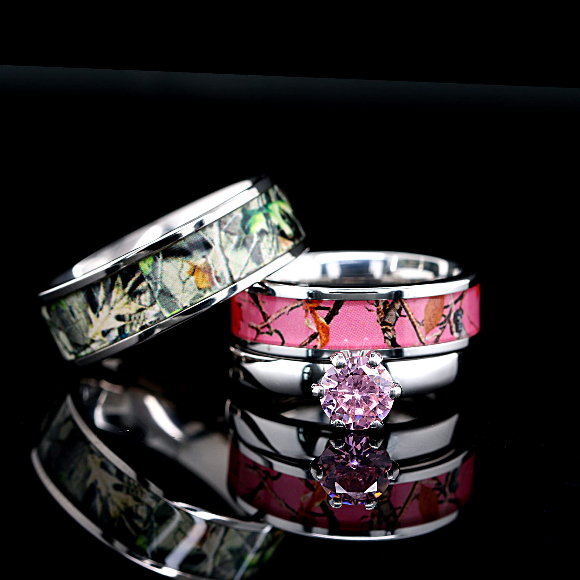 His & Hers 3-Piece Camo Wedding Ring Set - Stainless Steel & Titanium Matching Engagement Rings for Couples - Perfect for Outdoor, Hunting & Military-Themed Weddings