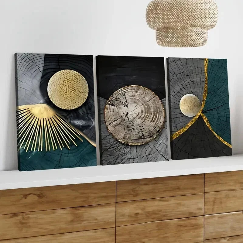 3-Piece Abstract Tree Rings Wall Art Set - Modern Golden Blue Canvas Painting 40x60cm Framed | High Quality Print | 100% Australian Made | Ready to Hang | Perfect for Living Room, Bedroom & Office Decor