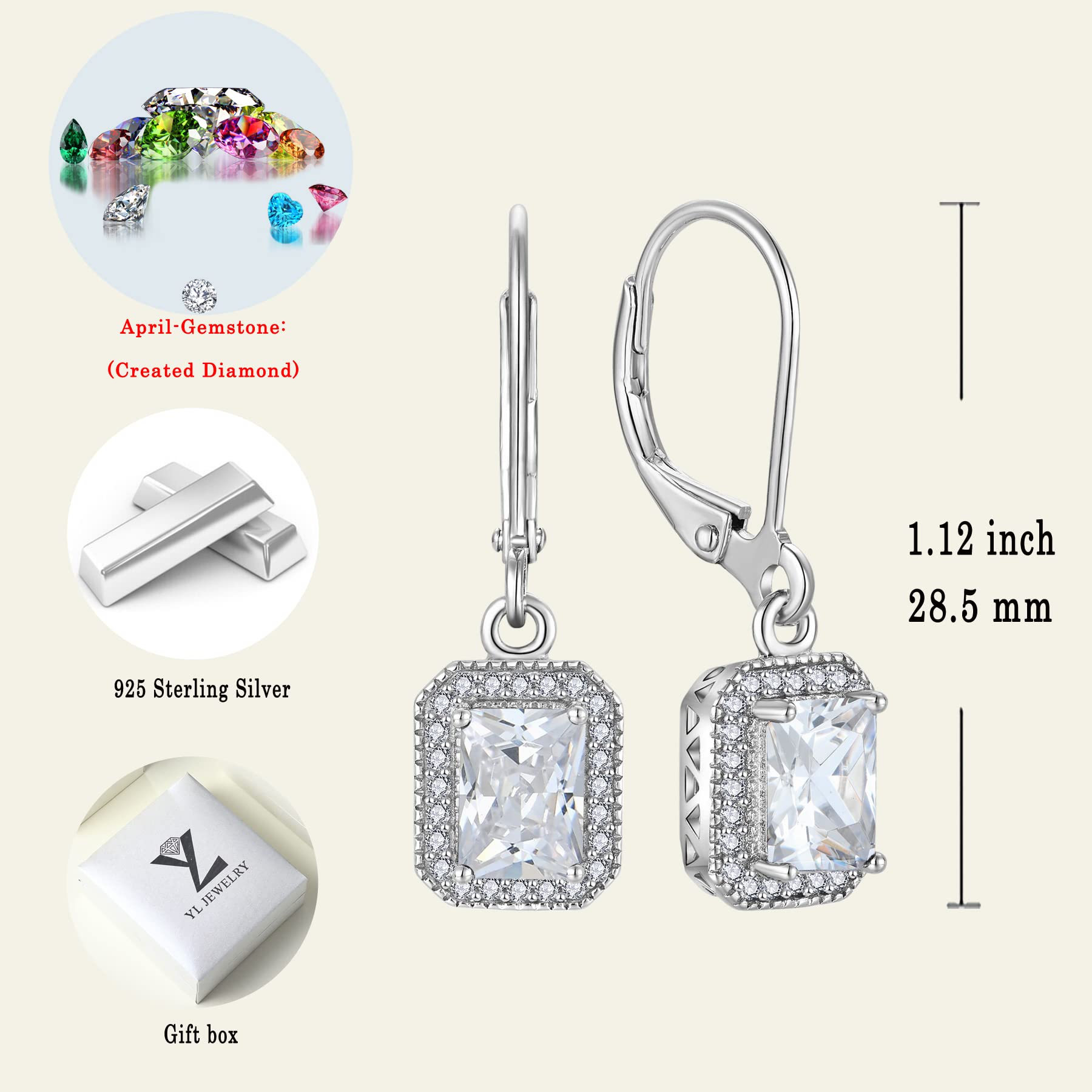 925 Sterling Silver Halo Square Dangle Drop Earrings with Radiant Cut Birthstone - Leverback Earrings for Women - Perfect for Weddings, Parties & Special Occasions