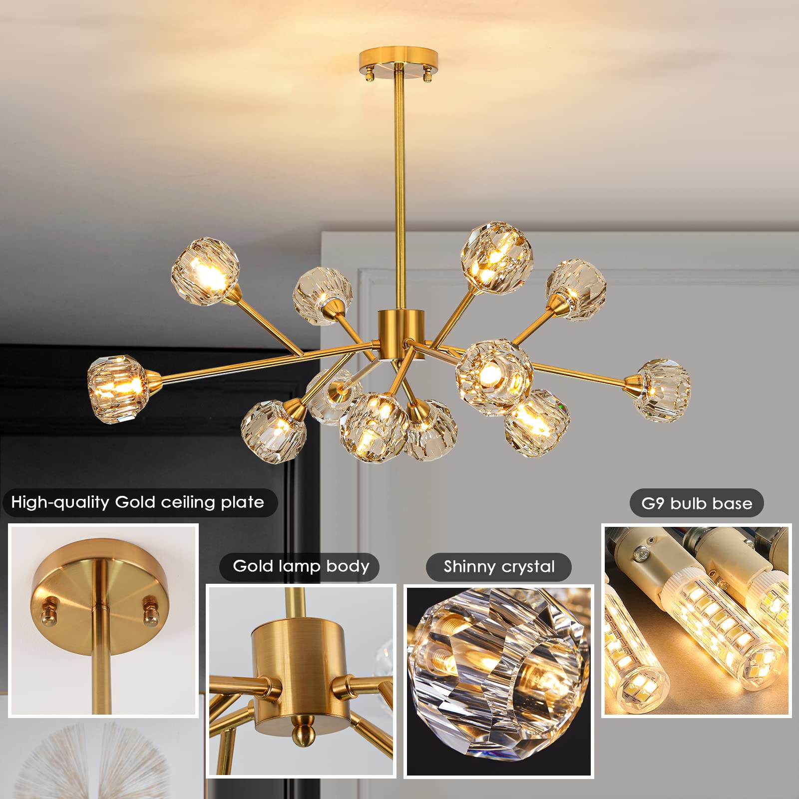 Modern Sputnik Chandelier - 12-Light Gold Crystal Pendant Lighting Fixture for Dining Room, Kitchen Island, Living Room | Mid-Century Ceiling Light for Home, Bedroom, Bar & Office Decor | Elegant Lighting Solution for Parties & Romantic Dinners