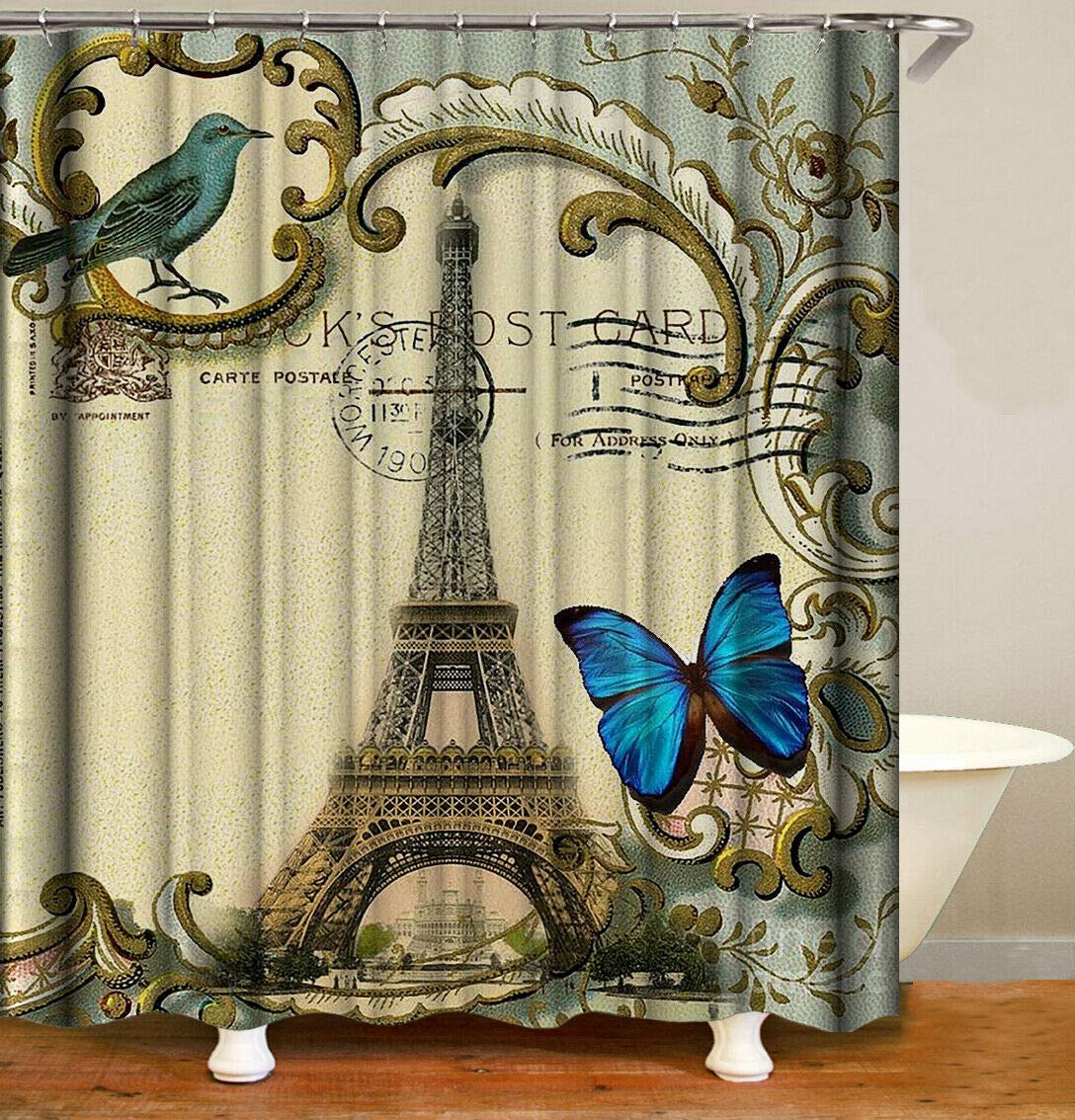 Vintage Yellow Eiffel Tower Watercolor Shower Curtain - Blue Butterfly Waterproof Fabric Bath Curtain with 12 Hooks, 60x72 Inch - Modern Decorative Bathroom Accessories for Parisian & Boho Style Home Decor