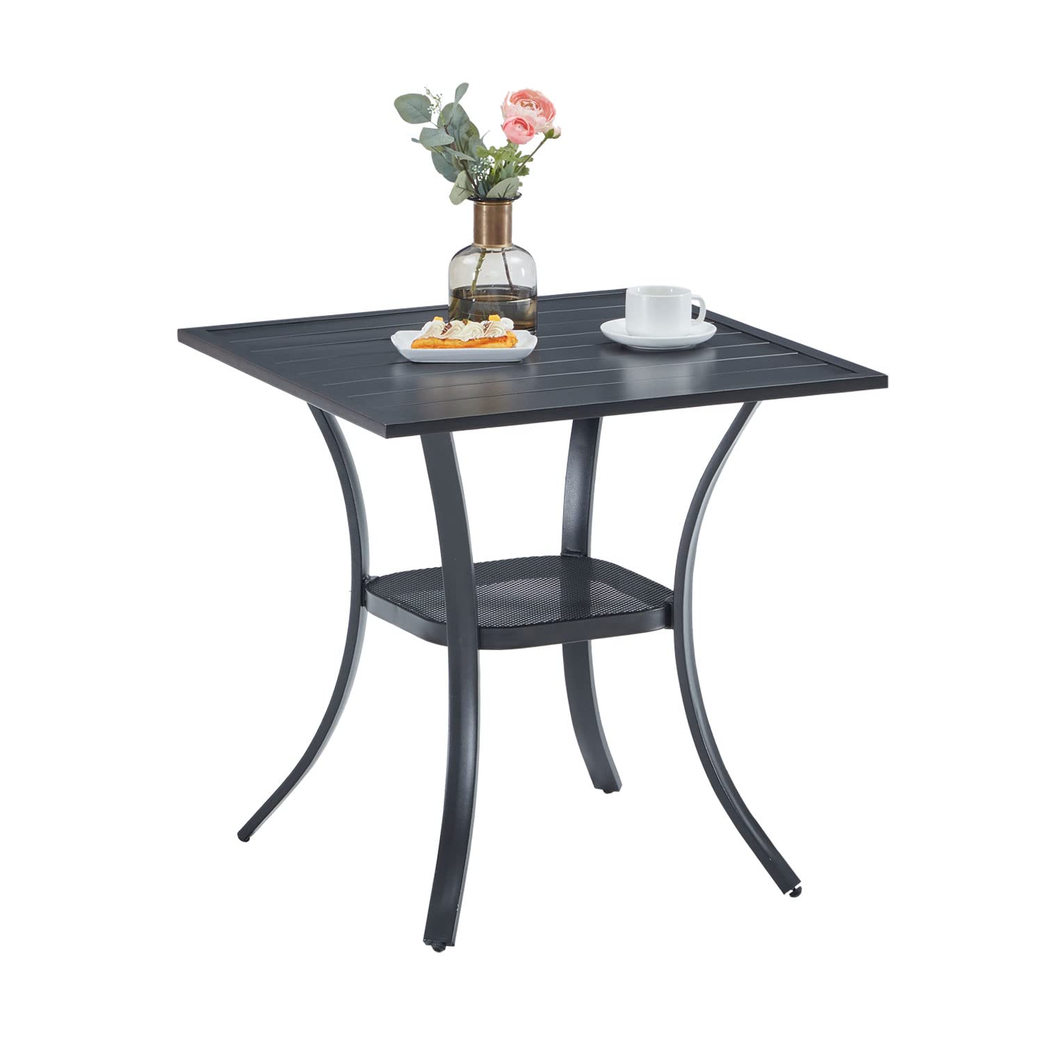 VICLLAX 28x28 Inch Small Patio Dining Table - Black Metal Slatted Tabletop with Storage Shelf for Outdoor Deck, Lawn, Garden & Backyard - Perfect for BBQs, Picnics & Outdoor Entertaining