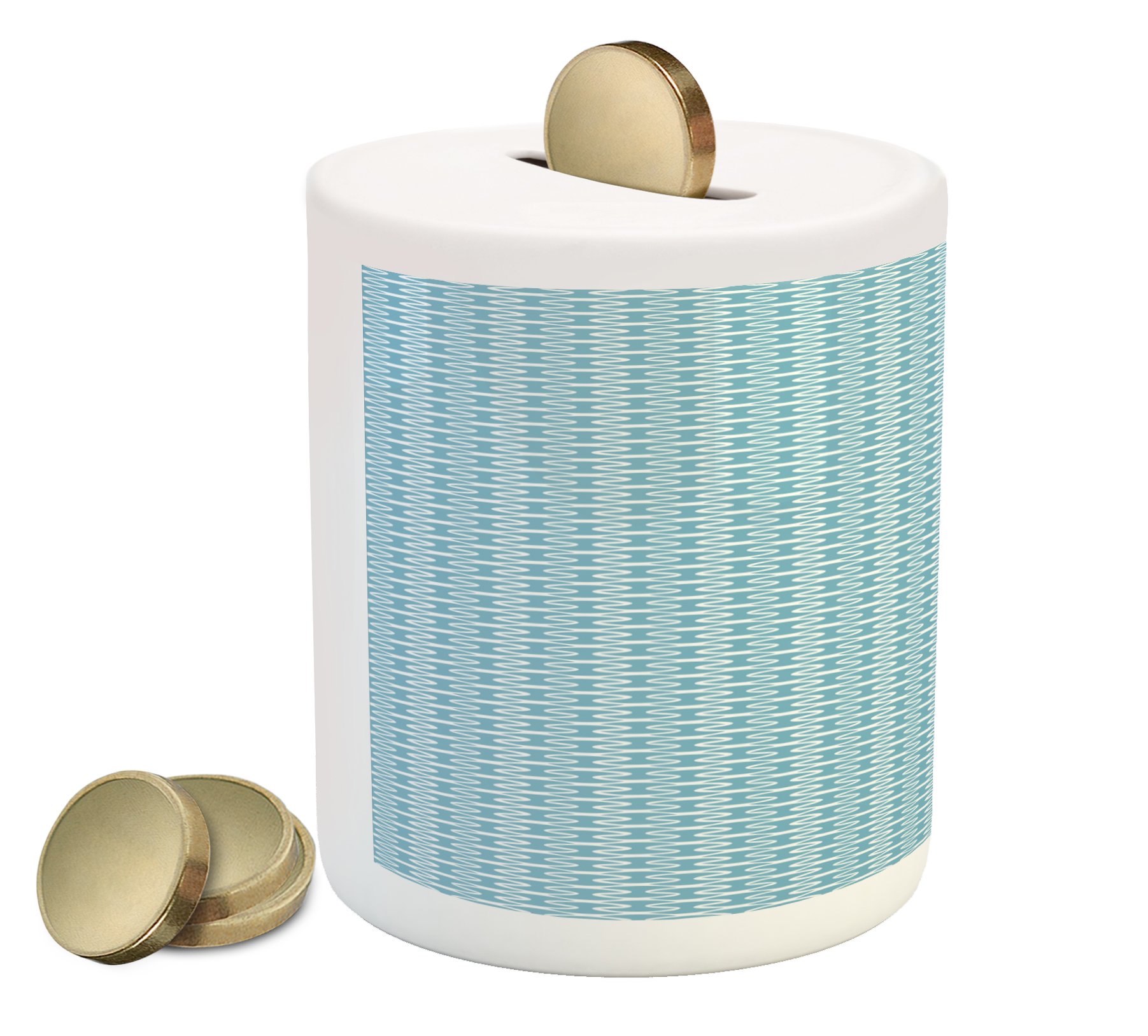 Ambesonne Ceramic Piggy Bank - Blue Wavy Stripes Retro Design, Abstract Ornamental Lines Pattern, Money Box for Cash Savings (Turquoise & White) | Perfect for Home Decor, Gift Ideas & Kids Savings