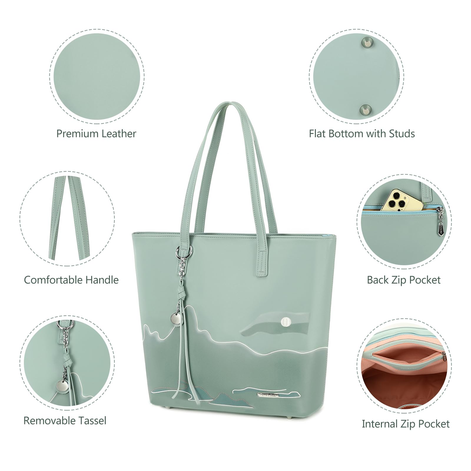 Premium PU Leather Tote Bags for Women - Large Zippered Handbags with Shoulder Strap, Light Green Chinese Landscape Print, Stylish Work & Everyday Purse | Perfect for Office, Commuting, Shopping & Travel