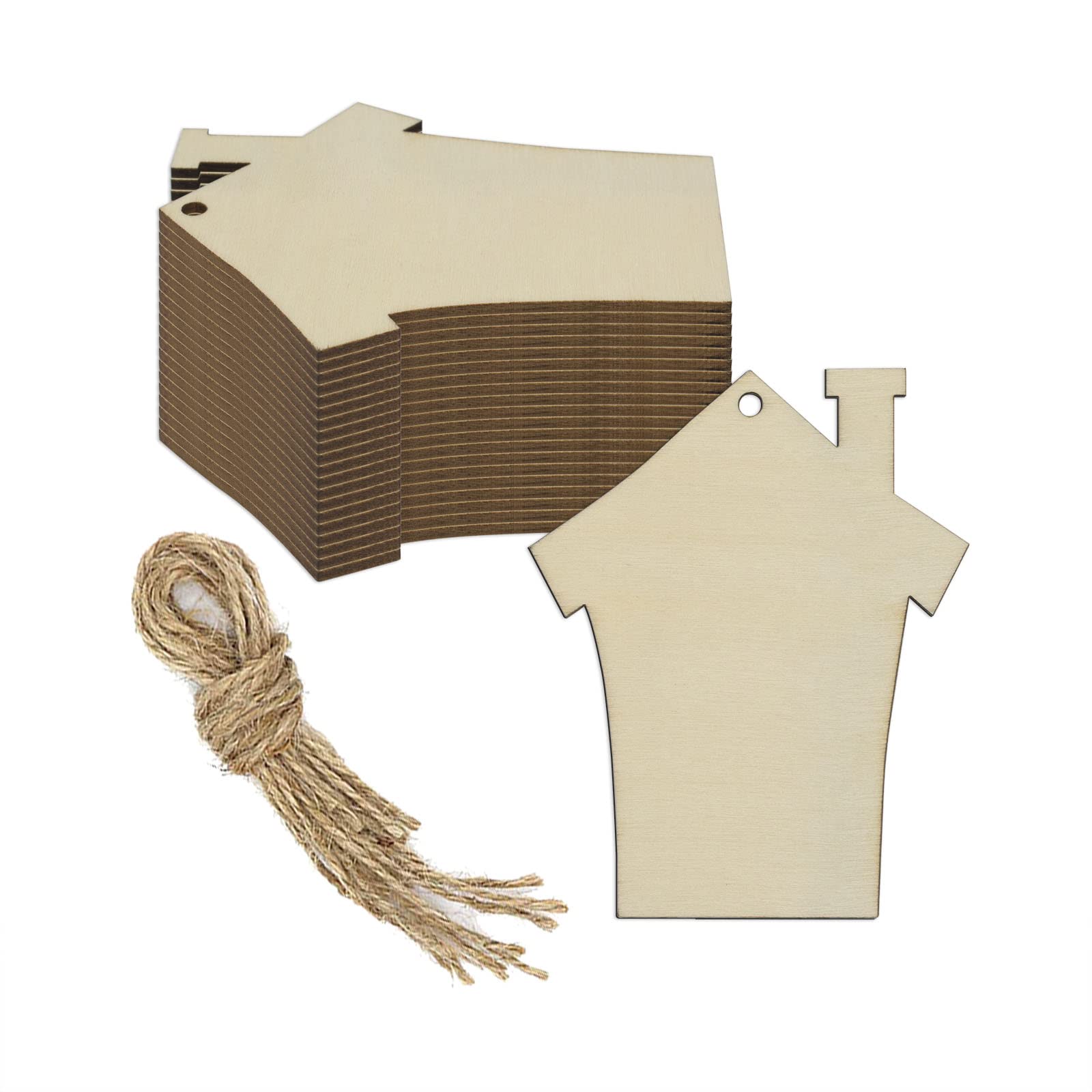 20pcs Unfinished Wood House Shaped DIY Craft Cutouts with Ropes - Wooden Tags for Home Decor, Gift Wrapping, Scrapbooking & Party Ornaments