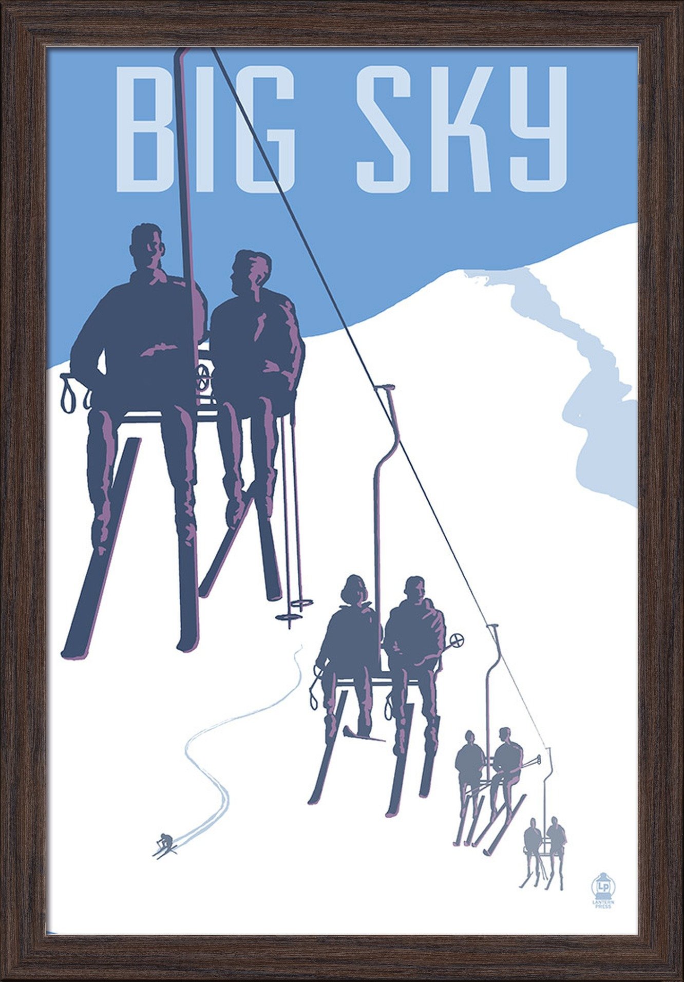 Big Sky Montana Skiers on Lift - 16x24 Giclee Fine Art Print with Recycled Wood Frame in Espresso Brown - Perfect for Ski Lodge, Mountain Cabin & Winter Sports Decor