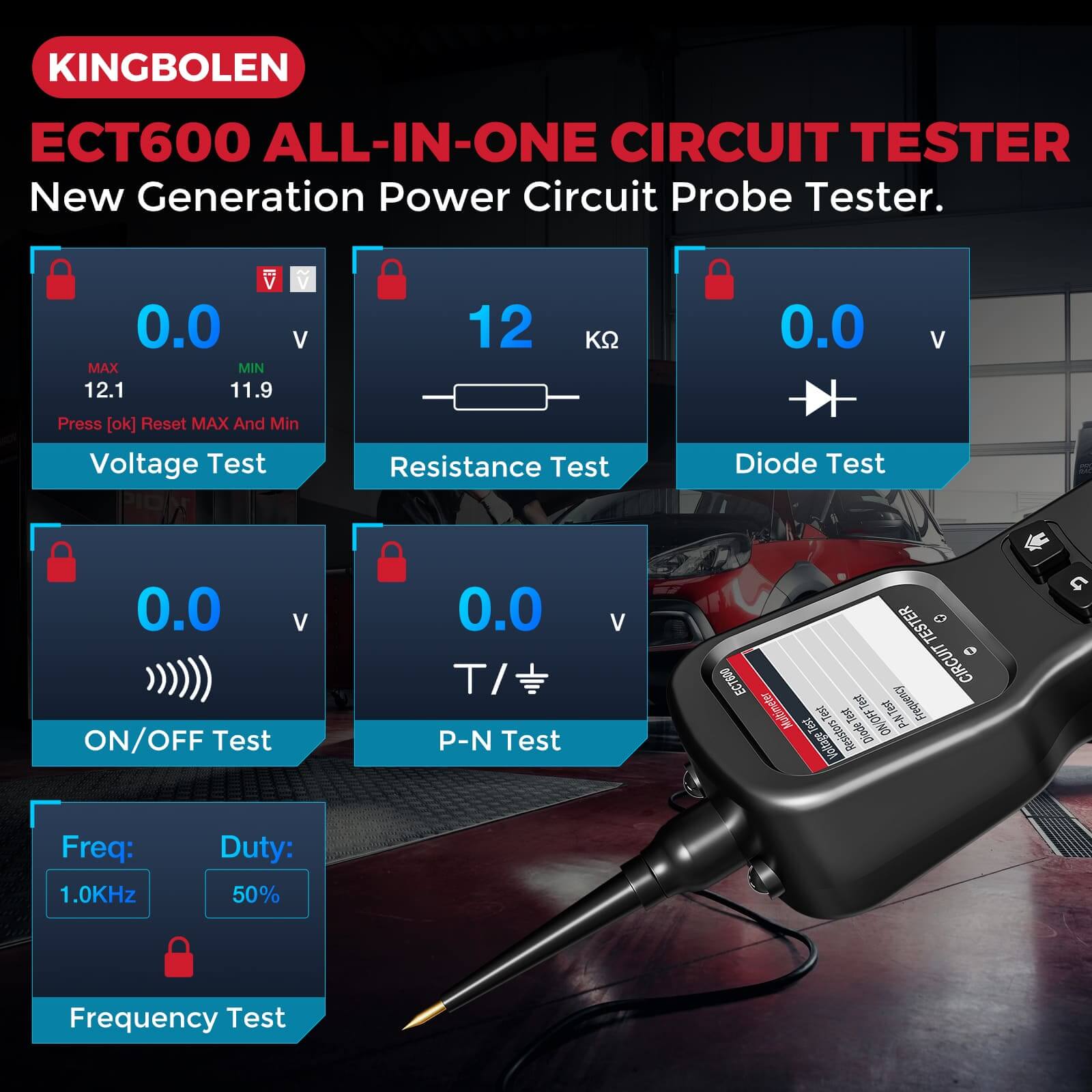 KINGBOLEN ECT600 12V/24V Car Battery Tester - Multi-Function Automotive Battery Analyzer for 0-80V DC with 10m Extension Cord - Perfect for Home, Garage & Roadside Vehicle Maintenance