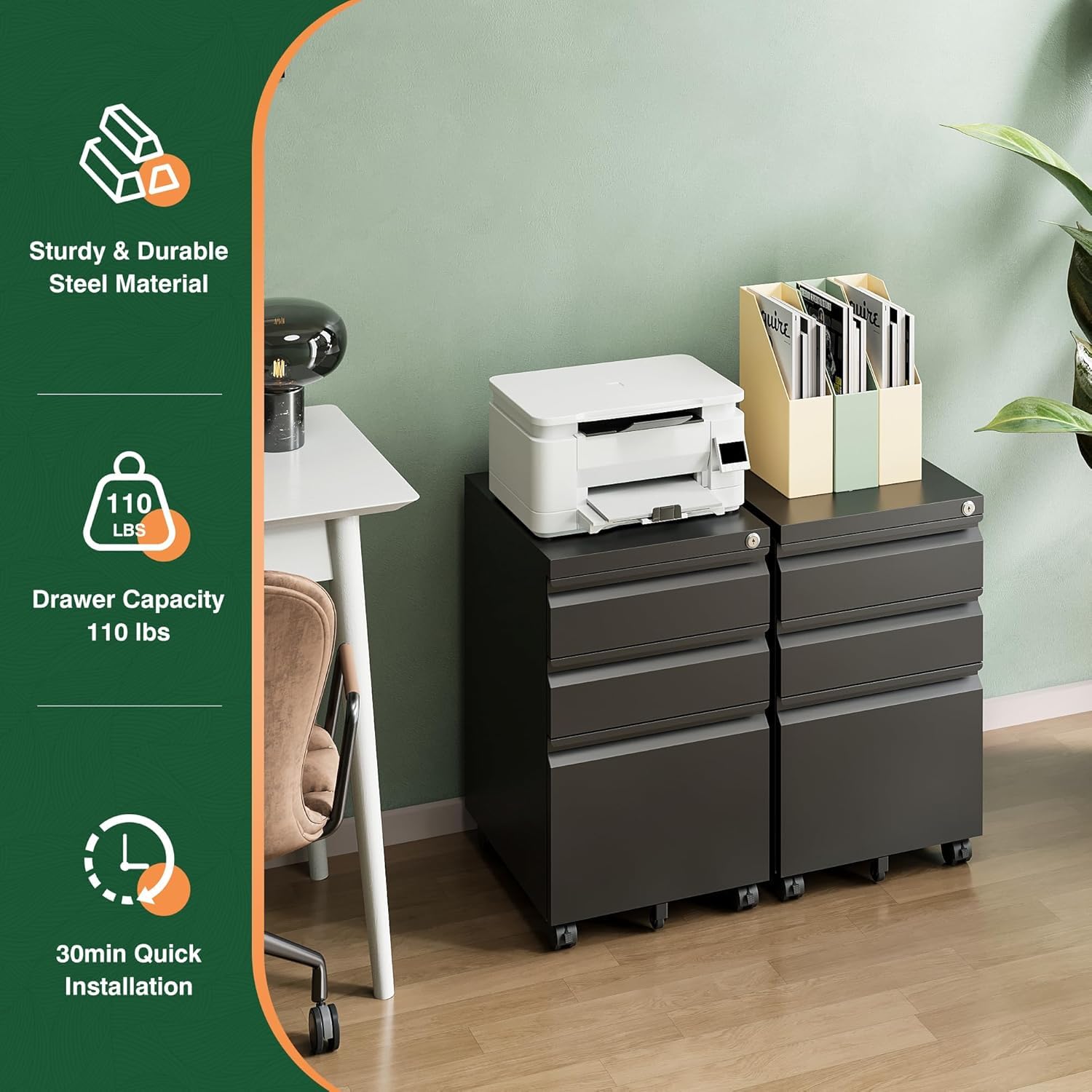 3 Drawer Mobile File Cabinet with Lock - Under Desk Metal Filing Cabinet for Home & Office - Organize Letters, Legal & A4 Documents (Fully Assembled, Black) - Perfect for Small Spaces & Office Storage Solutions