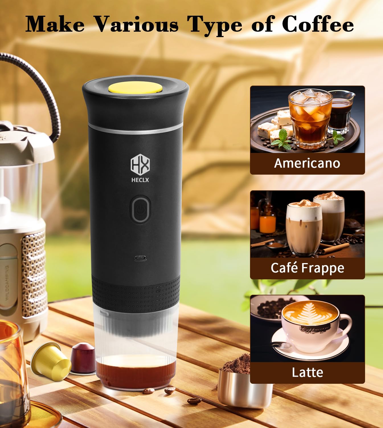 Portable Electric Espresso Machine - Travel Coffee Maker for Camping, Car, RV & Office - Self-Heating Coffee Brewer Compatible with Ground Coffee & Nespresso Capsules - Perfect for Outdoor Adventures, Road Trips & Home Use (African Totem Design)