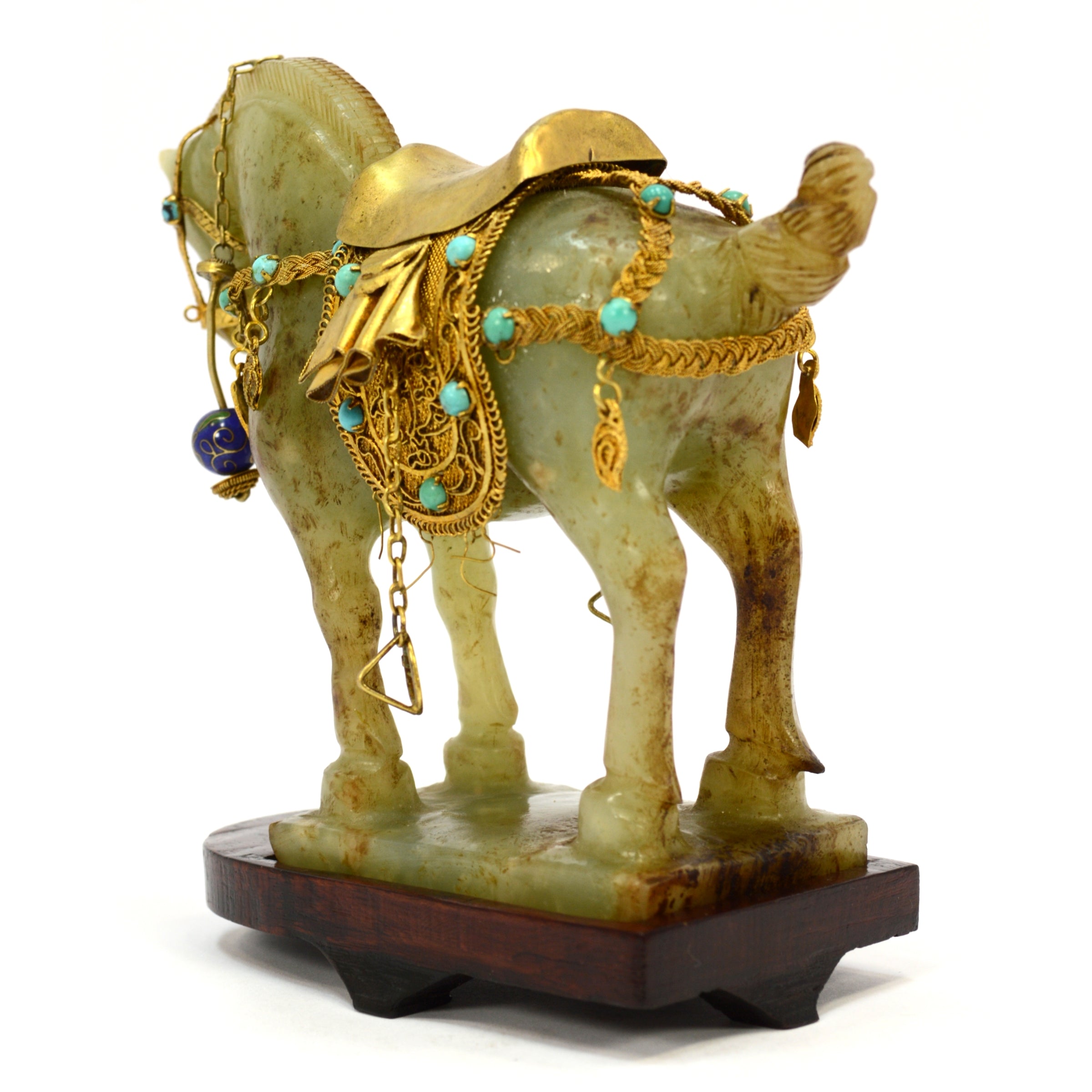 Antique Chinese Carved Jade Horse with Gold Gilt & Enamel Jeweled Saddle Bridle - Collectible Asian Artwork - Perfect for Home Decor, Gift Giving & Feng Shui Display