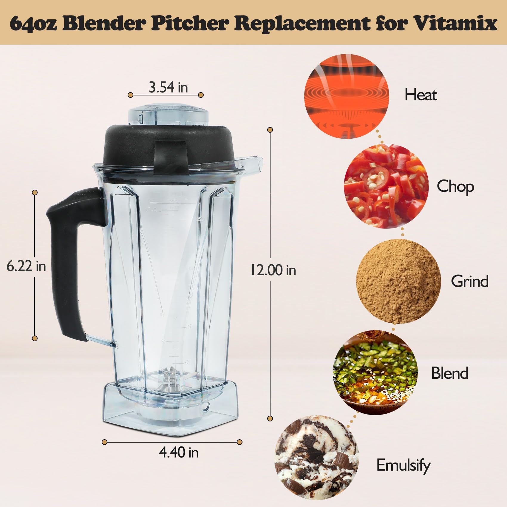 Vitamix Blender Pitcher 64oz - Replacement Pitcher for Vitamix 5200, 6300, 5000, 6000, Classic, Explorian & Commercial Series (VM0101, VM0102, VM0103, VM0197) - Perfect for Smoothies, Soups & Nut Butters