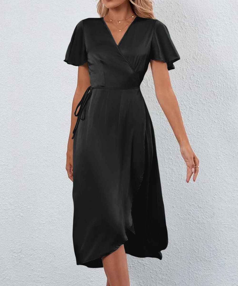Elegant Satin Midi Cocktail Dress with Slit & Belt - Women's Formal Wedding Guest & Party Dress for Evening Events, Bridal Showers & Special Occasions