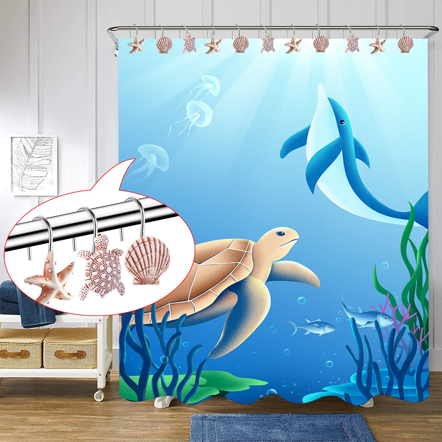 Rustproof Seashell Turtle Shower Curtain Hooks - 12 Pack Beach Theme Bathroom Decor for Coastal & Ocean Inspired Showers - Perfect for Nautical, Vacation Home, and Beach House Bathroom Decorations