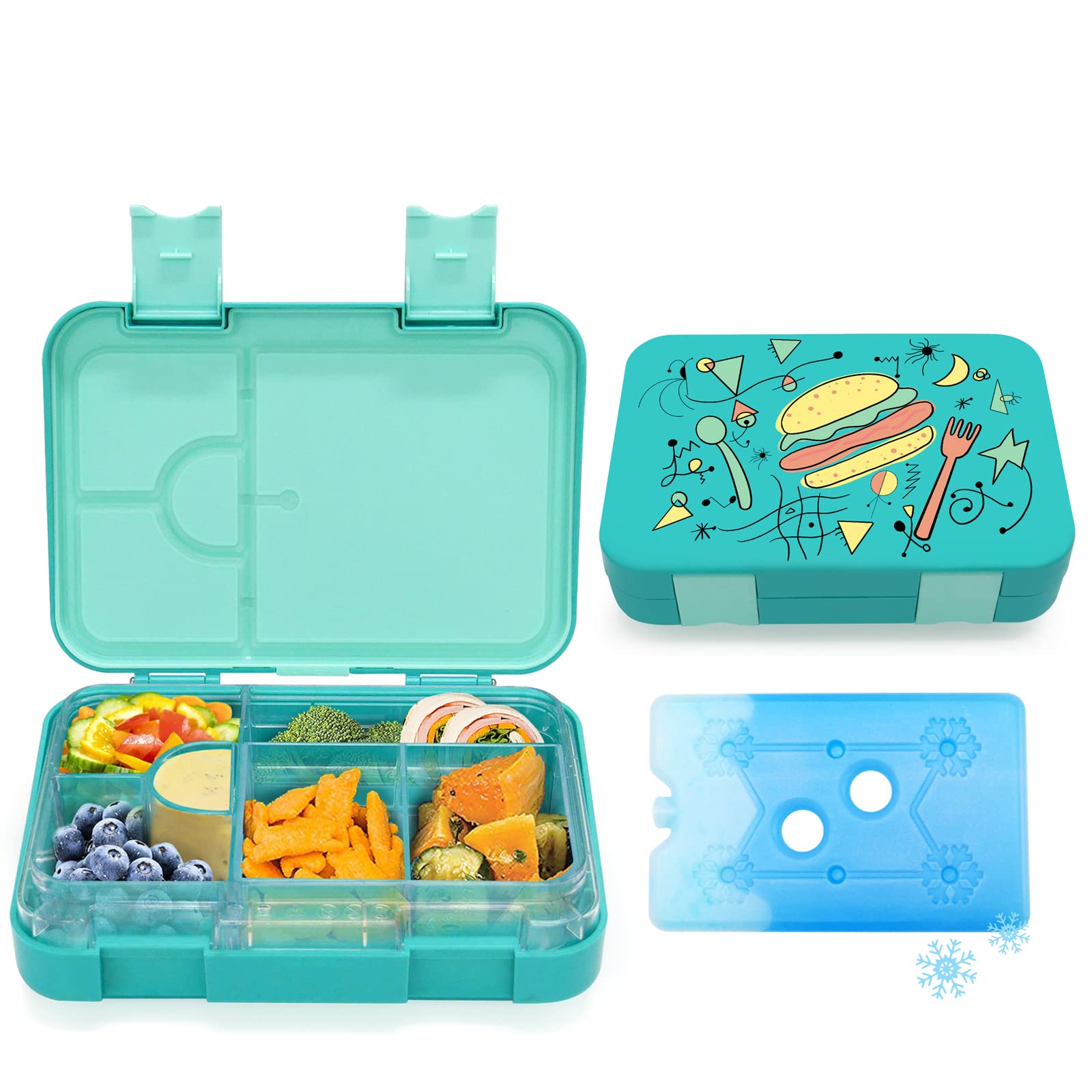 MateYunkids® Leak-Proof Kids Lunch Box - 4 or 6 Compartment Bento Style Lunch Container | BPA-Free, Dishwasher Safe & Food Grade Materials | Includes Ice Pack (Aqua) | Perfect for School, Picnics & Travel
