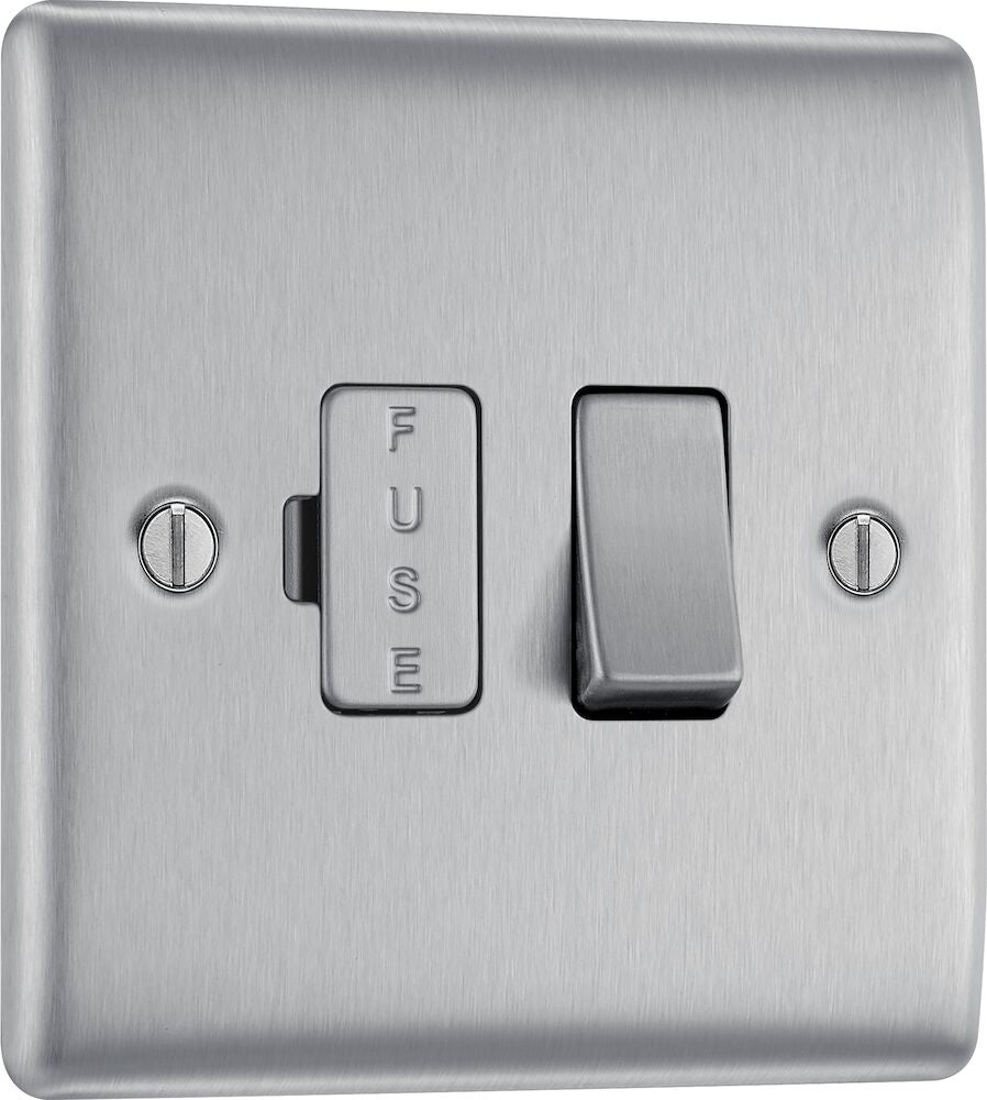 BG Nexus Metal Brushed Steel 13A Switched Spur NBS50 - Premium Electrical Outlet for Home & Office Use | Ideal for Kitchen, Garage & Workshop Power Supply