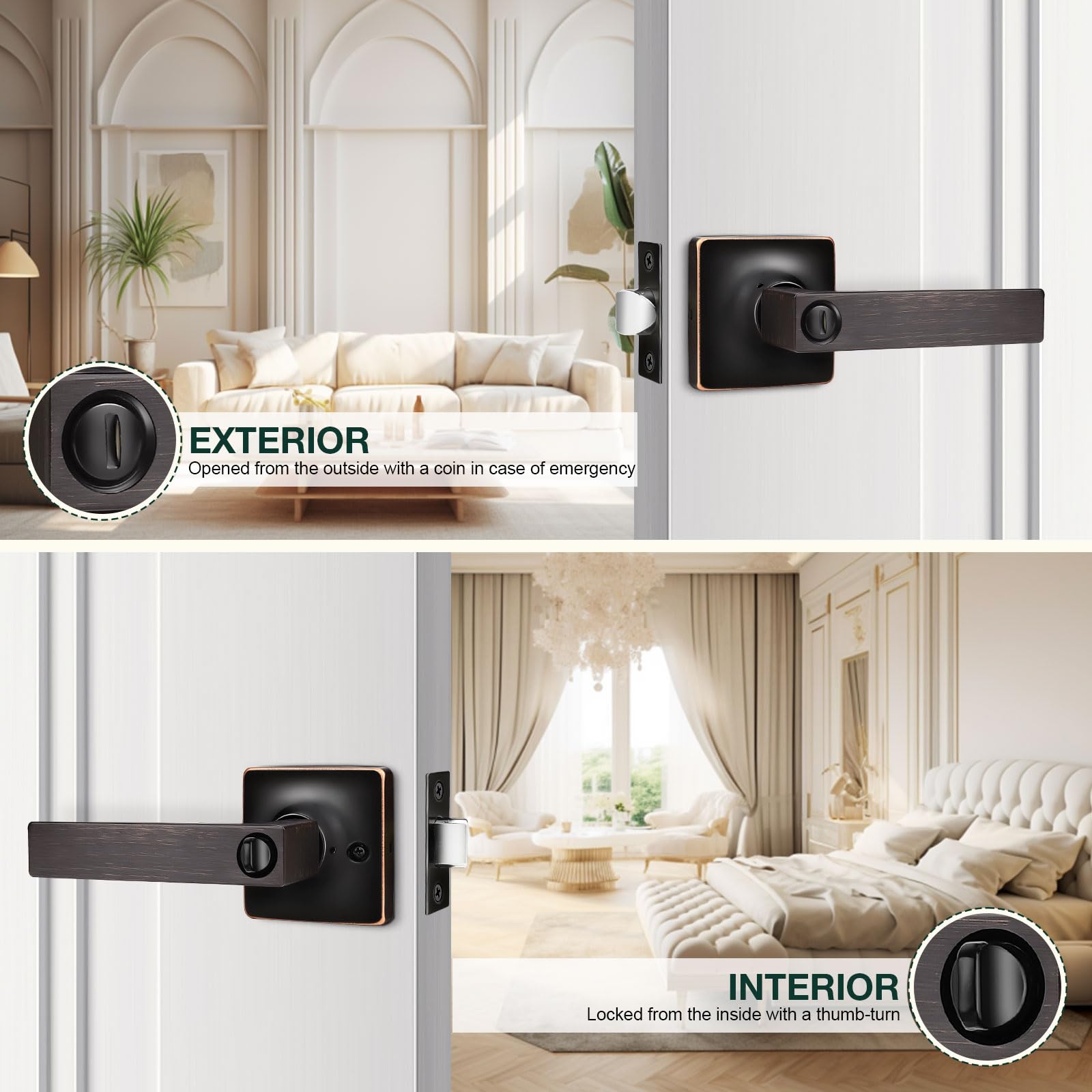 GOBEKOR 2 Pack Oil Rubbed Bronze Privacy Door Lever Handles with Lock - Modern Straight Keyless Entry for Bedroom, Bathroom & Interior Doors - Secure & Stylish Home Upgrade