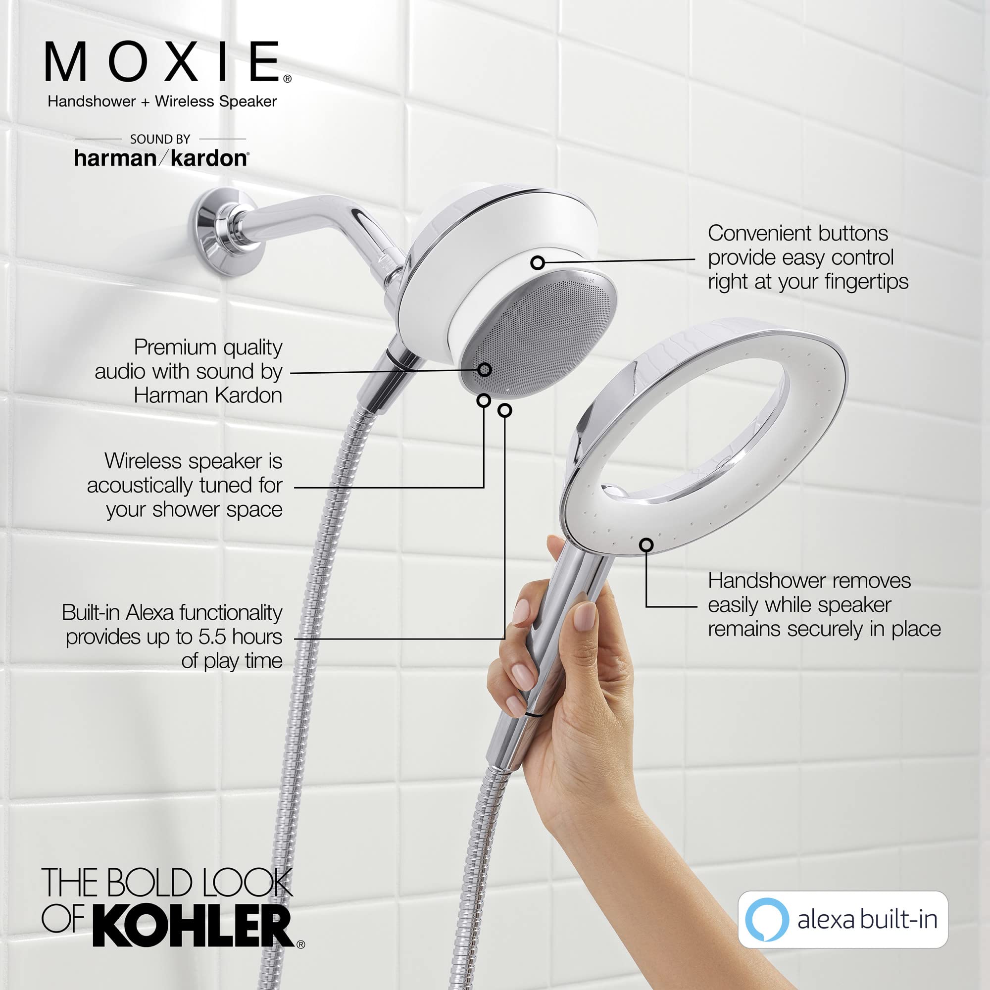 Kohler 28241-NKA-BN Moxie 2.5 GPM Handheld Shower Head with Wireless Bluetooth Speaker & Alexa Compatibility, Vibrant Brushed Nickel - Perfect for Bathroom Relaxation, Music Streaming & Hands-Free Voice Control