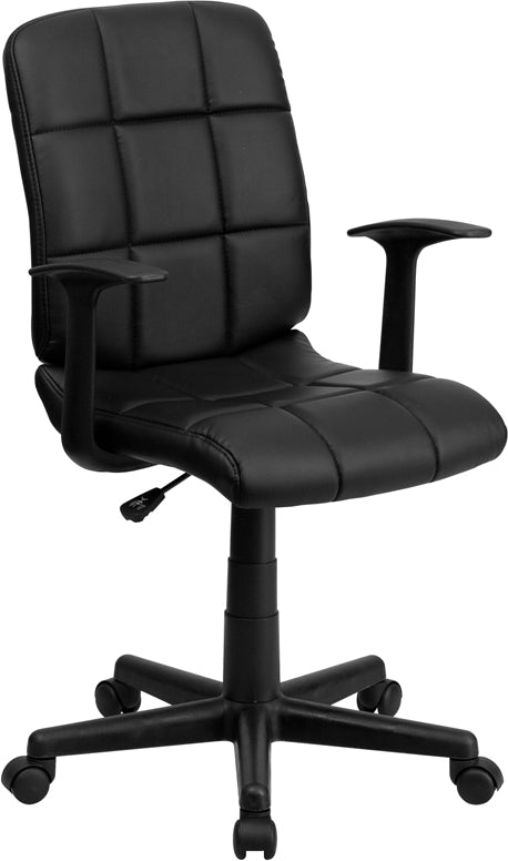 FLASH Clayton Mid Back Black Quilted Vinyl Swivel Task Office Chair with Arms - Ergonomic Desk Chair for Home Office, Computer Workstation & Conference Room