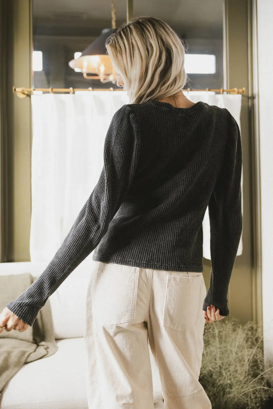 Kelcey Waffle Knit Top Women's Long Sleeve Crewneck Shirt - Soft & Comfortable Black Sweater for Fall & Winter | Casual Outfit, Layering, Office Wear, Date Night