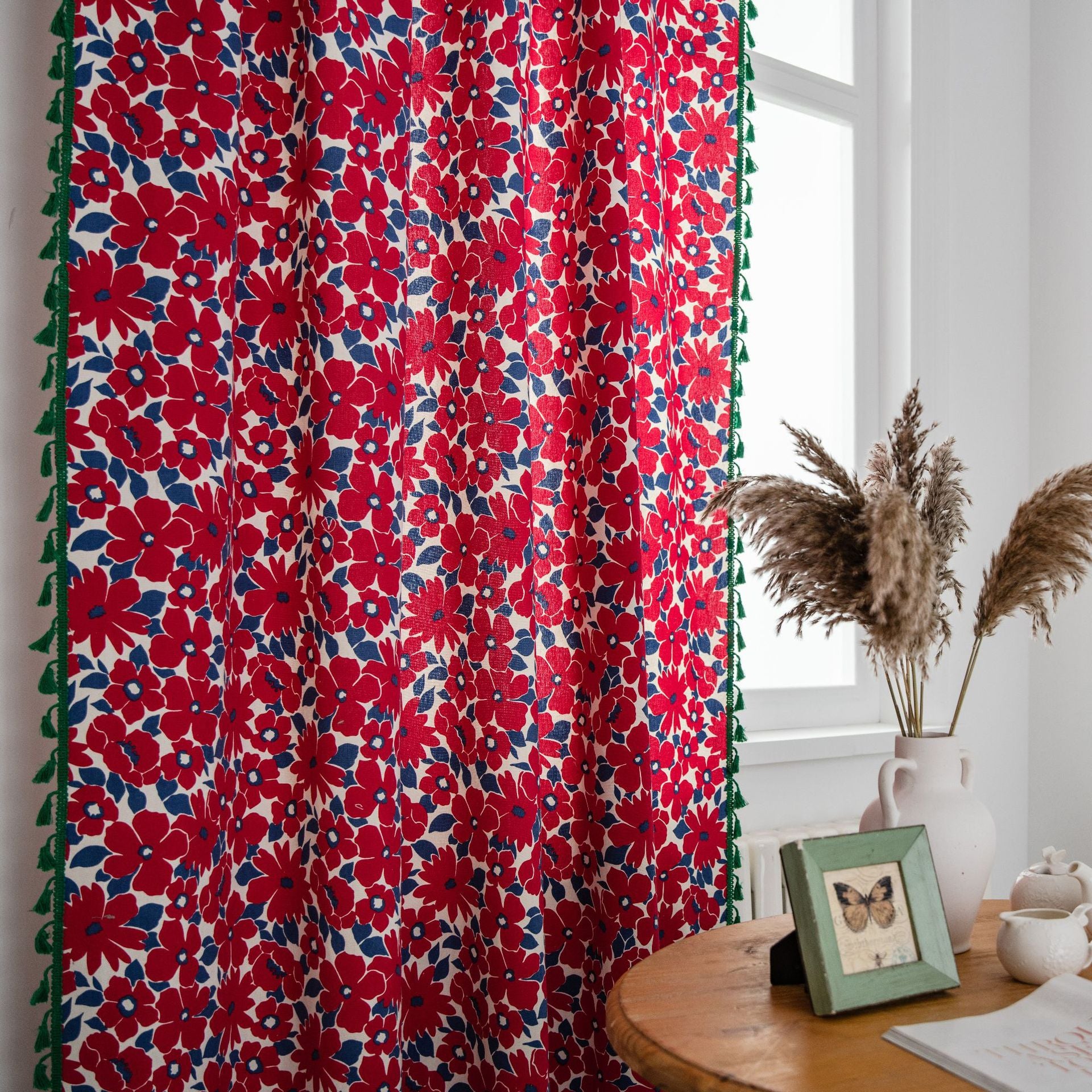 Elodie Red Floral Blackout Custom Curtains with Tassels - Perfect for Bedroom & Living Room Window Treatments