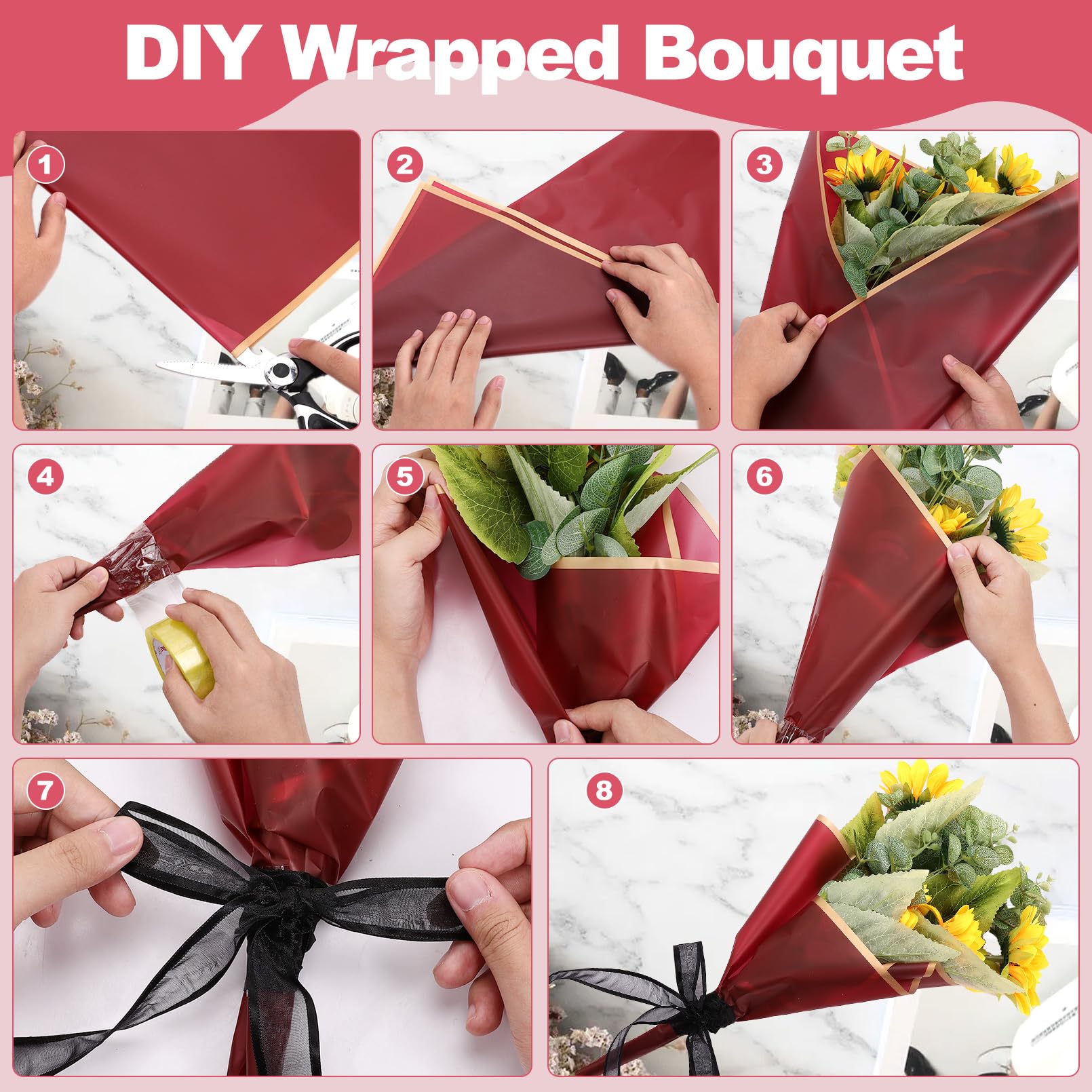 60 Sheets Gold Edge Floral Wrapping Paper - Waterproof Bouquet Packaging Paper with Ribbon for DIY Wedding, Birthday, Anniversary Crafts - Perfect for Flower Arrangements, Gift Wrapping & Party Decorations