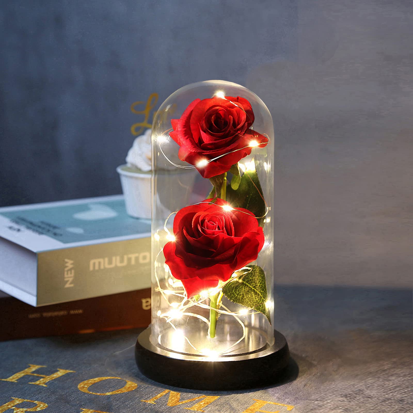 Enchanted Glass Rose in Dome - Beauty and The Beast Inspired Eternal Rose Gift for Women, Mom, Wife - Red Silk Flower with LED Light for Valentine's Day, Anniversary, Wedding, Birthday - Romantic Home Decor & Keepsake Present