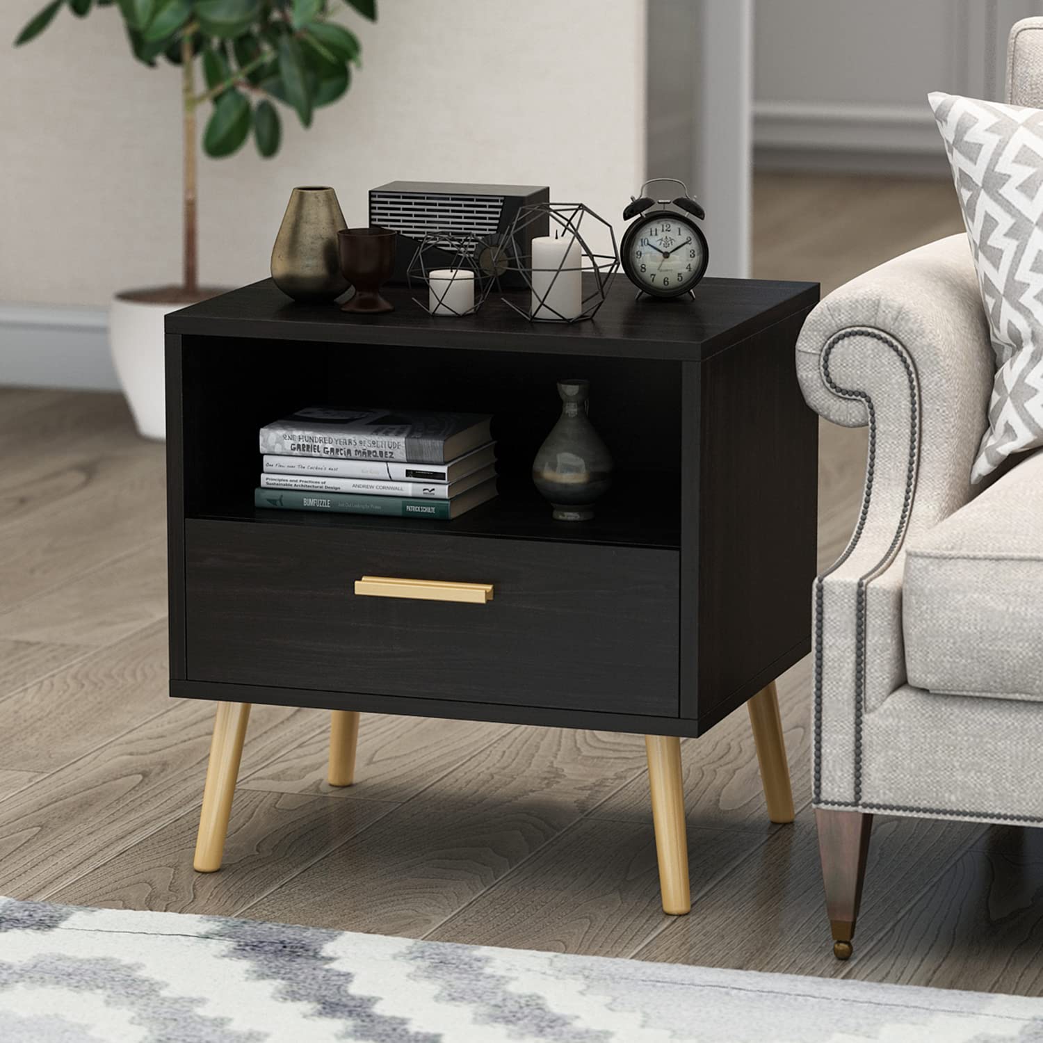 Modern Nightstand Set of 2 - Bedside Table with Drawer & Open Shelf, Gold Metal Legs End Table for Bedroom & Living Room, Black (19.5”L x 15.6”W x 20”H) - Perfect for Small Spaces, Apartment Decor & Guest Room Furniture