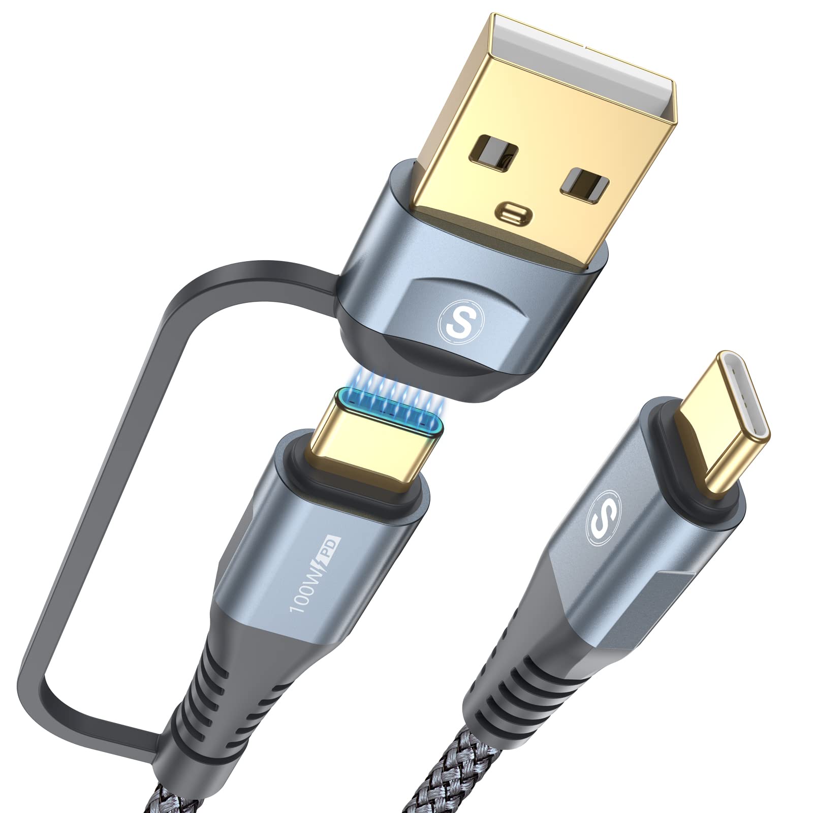 100W USB C to USB C Fast Charging Cable 3.3ft, PD 3.0 Nylon Braided 2-in-1 Charger Cord for iPhone 15 Pro Max/16, MacBook Pro/Air, iPad Pro, Samsung Galaxy S24/S23/S22, Pixel, PS5 - Perfect for Home, Office & Travel Charging