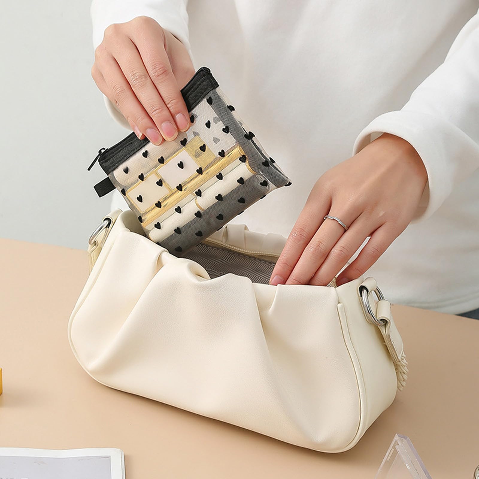 LYDZTION 3-Piece Heart Shaped Mesh Makeup Bags Set with Zipper - Portable Cosmetic Organizer Pouch for Travel, Home & Office - Perfect for Daily Toiletries & Beauty Accessories (Beige, 3 Sizes) | Great for Gym, Vacation & Gift Giving