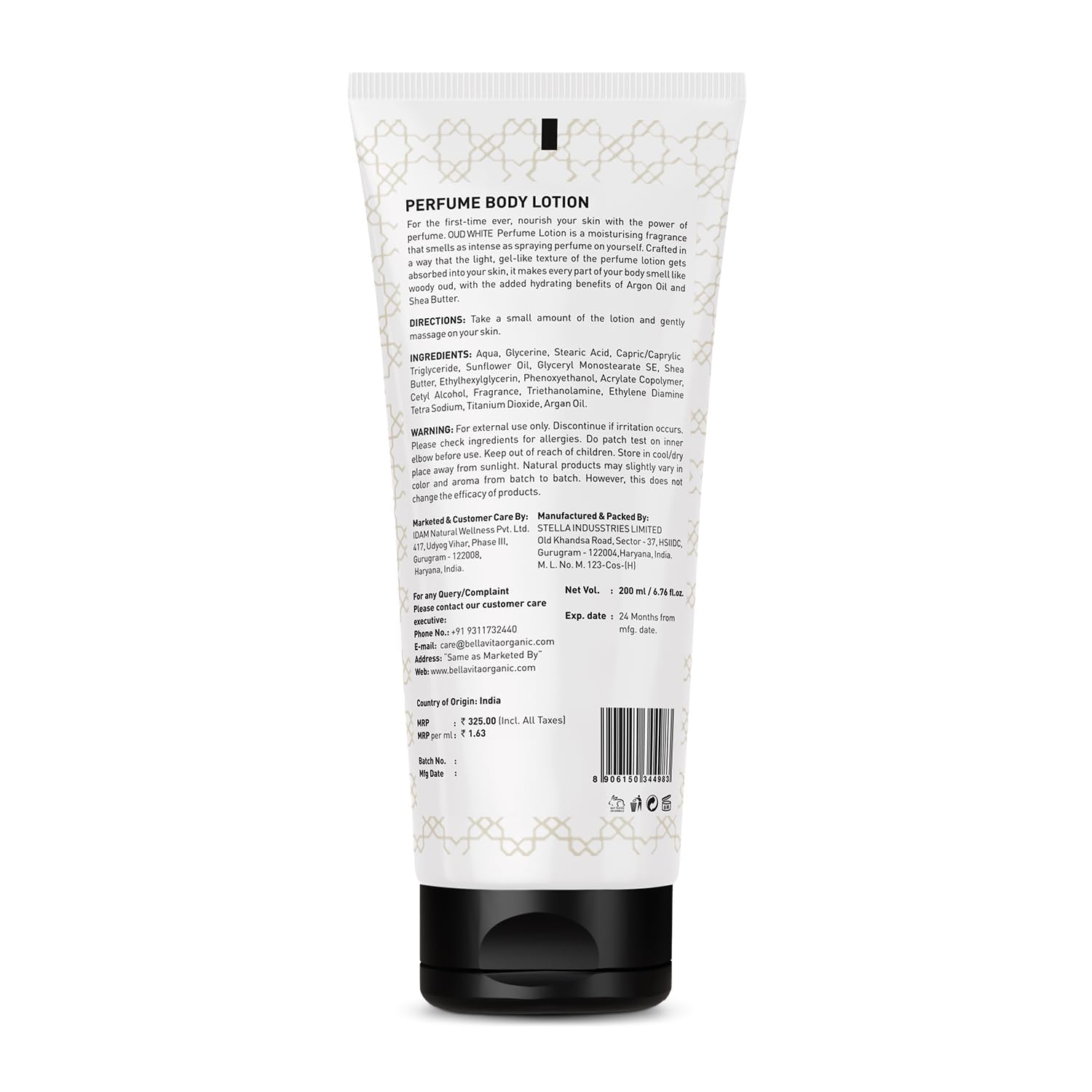 Bella Vita Luxury OUD WHITE Perfume Body Lotion - Nourishing & Hydrating with Argan Oil & Shea Butter (200ml) for Soft, Supple & Healthy Skin | Perfect for Daily Moisturizing & Aromatherapy