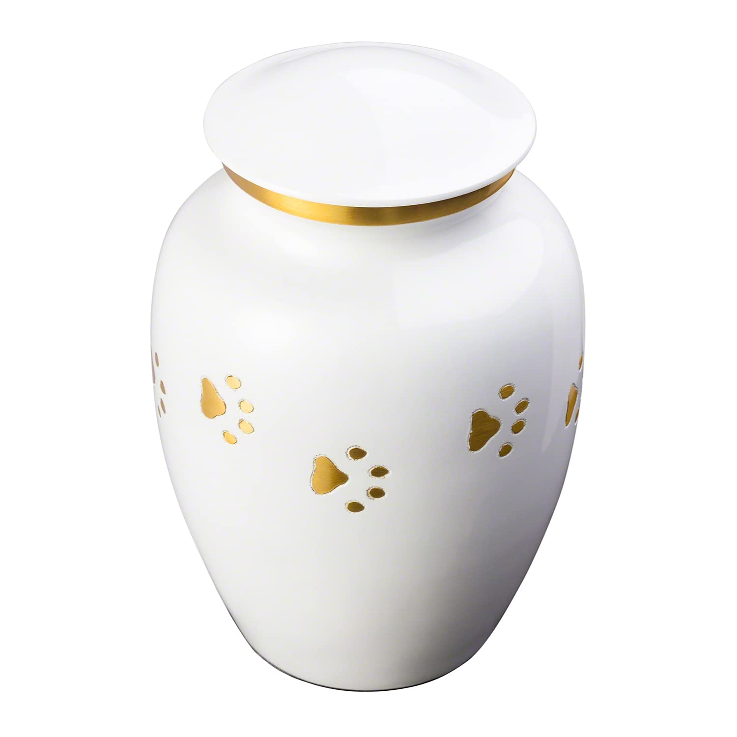 Pet Urn for Dogs and Cats - Ottillie Paws Tribute Series, Small Cloud White with Horizontal Brass Paws, Walnut Base, Brass/Black Plate - Perfect for Memorial Keepsakes and Home Display