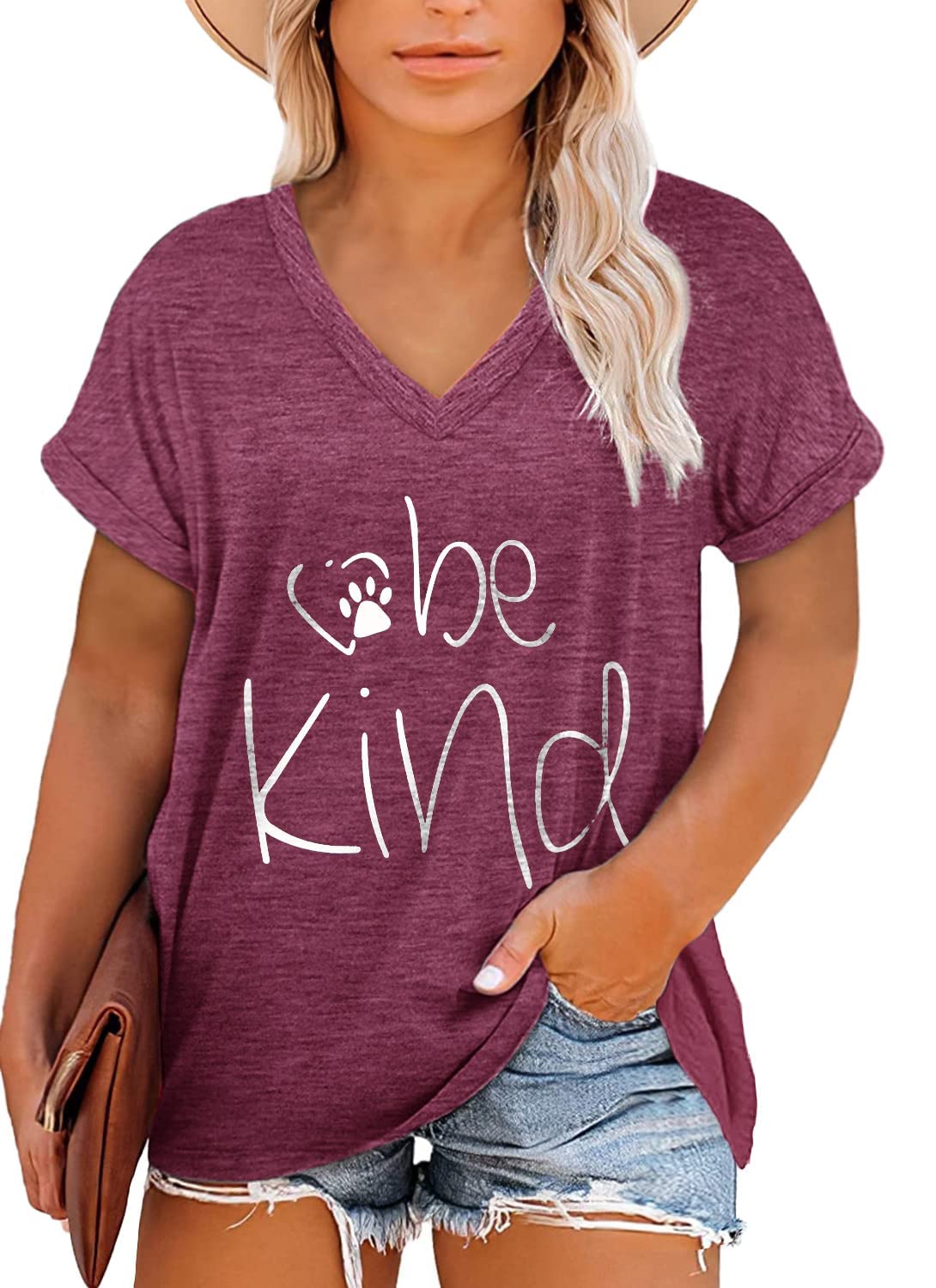 Plus Size Women's Be Kind V-Neck T-Shirt - Funny Inspirational Graphic Tee for Teachers & Summer Wear | Cute Casual Top for Work, School & Everyday Outfits