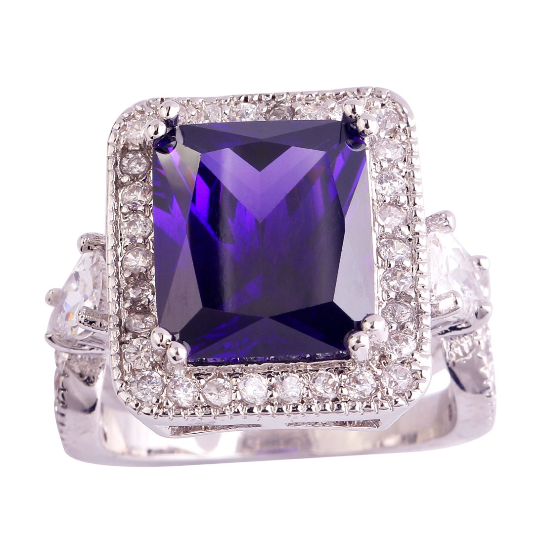 925 Sterling Silver Plated Simulated Amethyst Halo Statement Ring for Women - Elegant Anniversary Gift, Wedding Jewelry, Party & Evening Wear Accessory