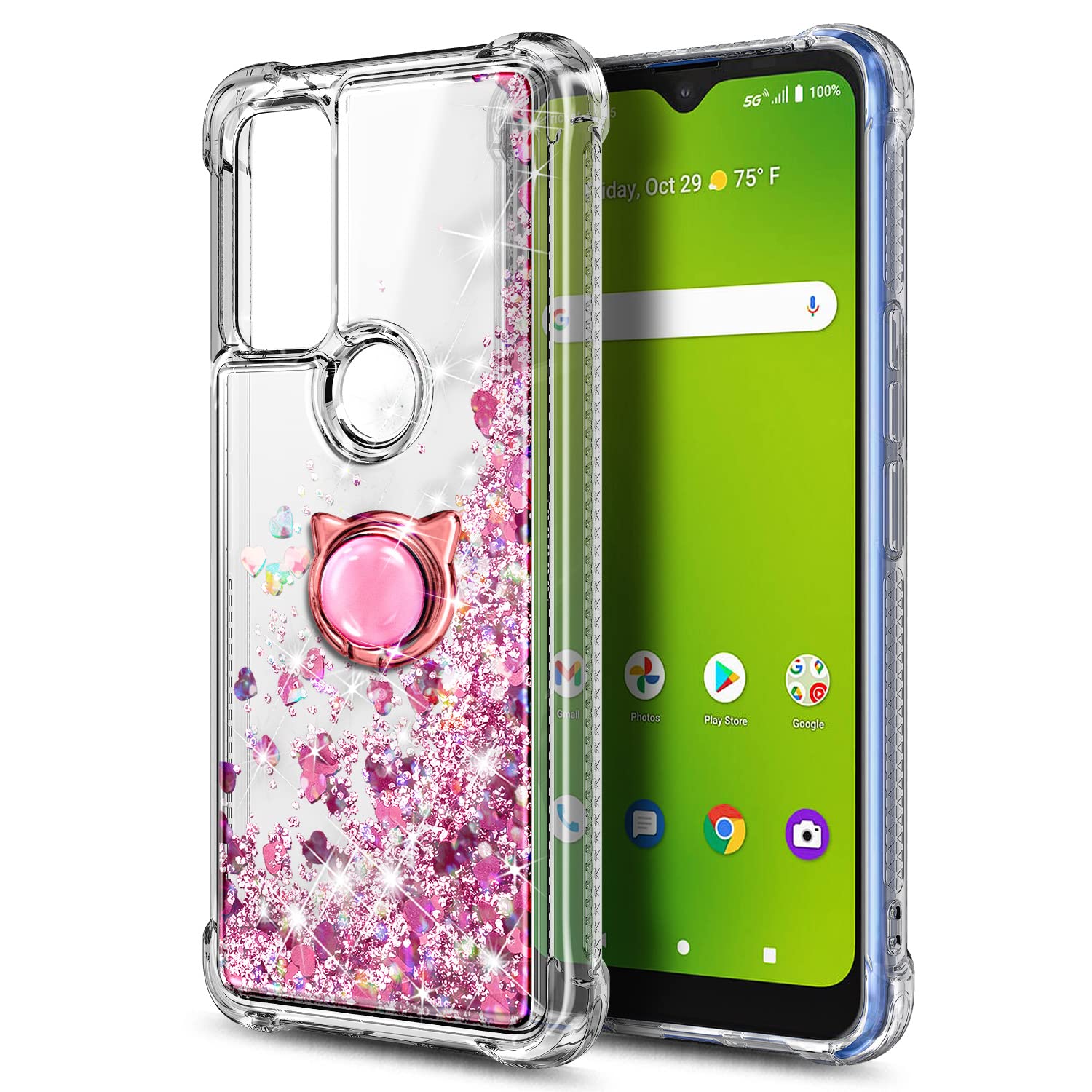 Sparkle Glitter Liquid Cute Phone Case for AT&T Radiant Max 5G, Cricket Dream 5G, AT&T Fusion 5G & Innovate 5G - Rose Gold with Tempered Glass Screen Protector, Ring Holder & Wrist Strap - Perfect for Everyday Use, Parties & Gift Giving