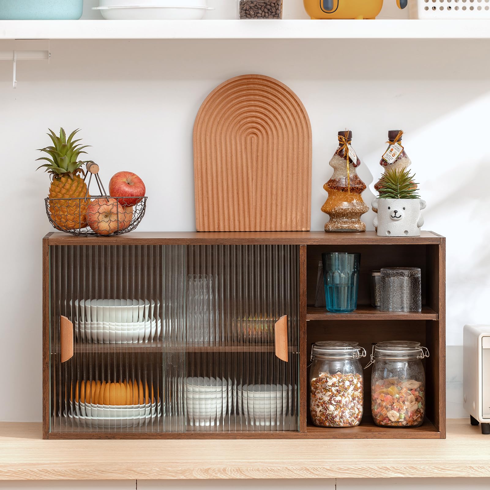 HollyHOME Bamboo Wall Mounted Kitchen Sideboard - 2 Sliding Glass Doors, Freestanding Storage Cabinet with Side Shelf for Bottles, Dishes & Bowls - Walnut Console Dining Cupboard for Small Spaces, Apartments & Modern Kitchens