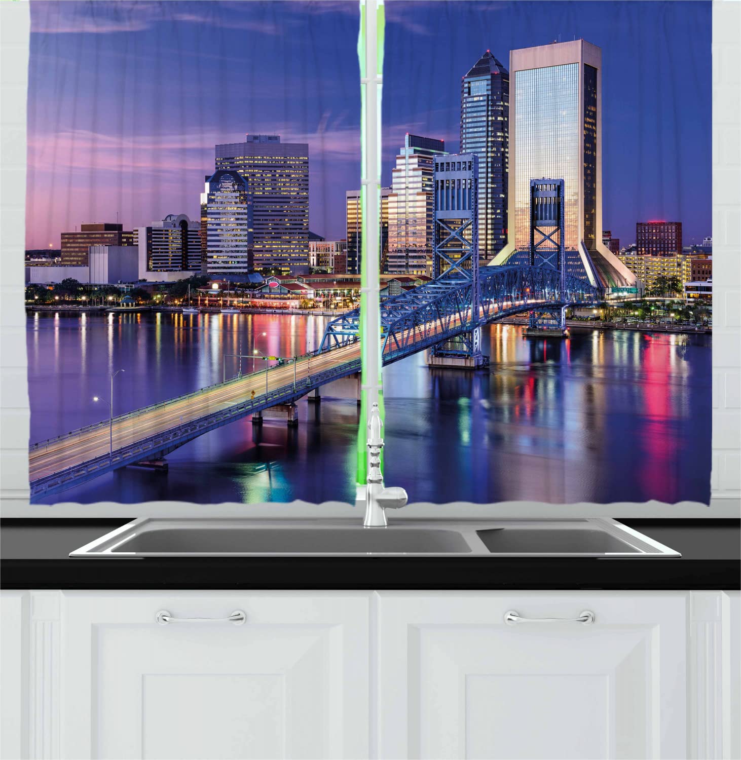 Ambesonne Long Kitchen Curtains - Urban Cityscape Bridge & Office Buildings Jacksonville Florida Design, 2 Panel Rod Pocket Drapes for Home & Office Decor, 55 x 45 Inches, Violet Blue Pale Pink Tan - Perfect for Living Room, Dining Area & Kitchen Windows